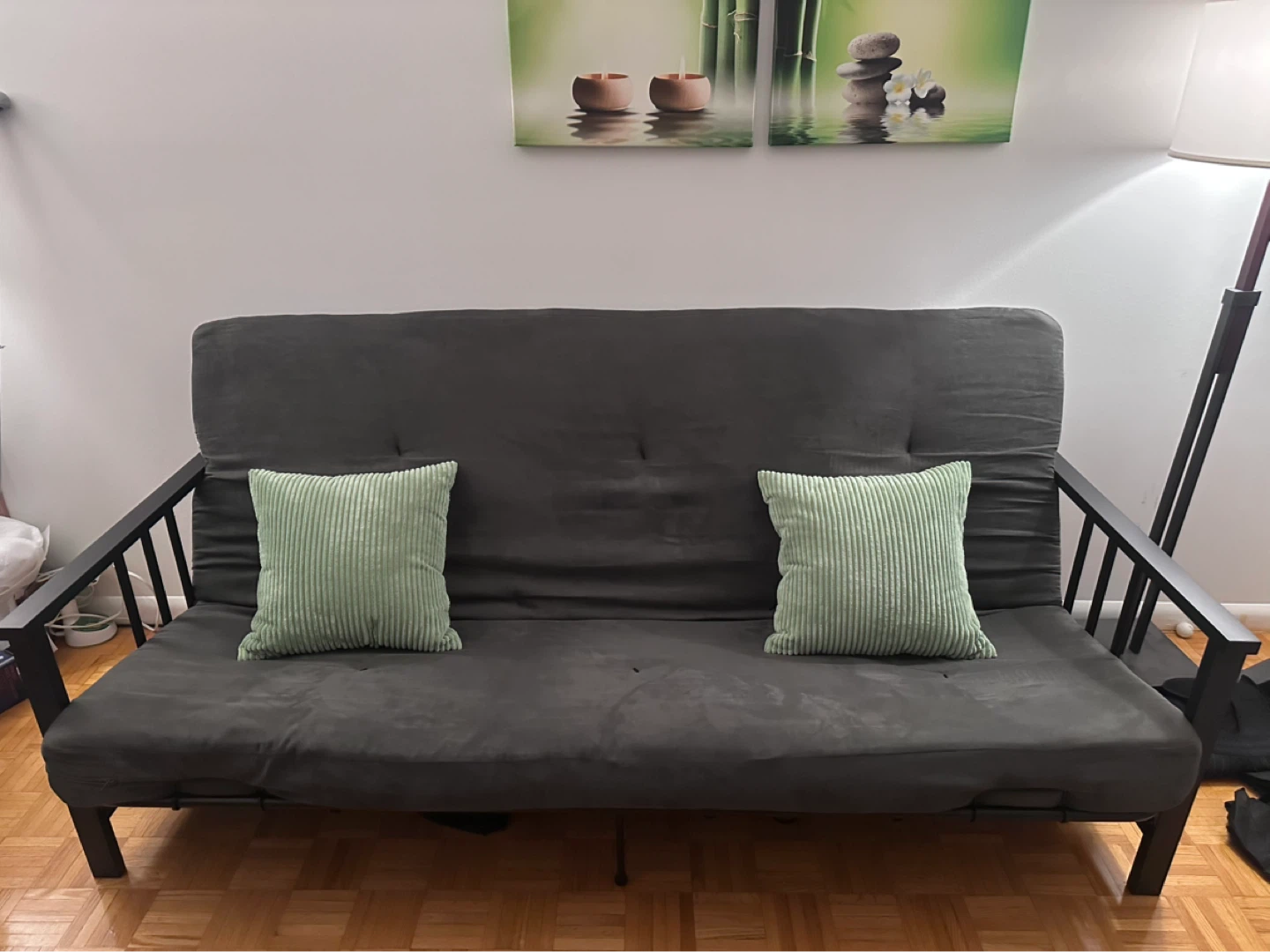 Grey Futon Sofa Bed with 2 Pillows