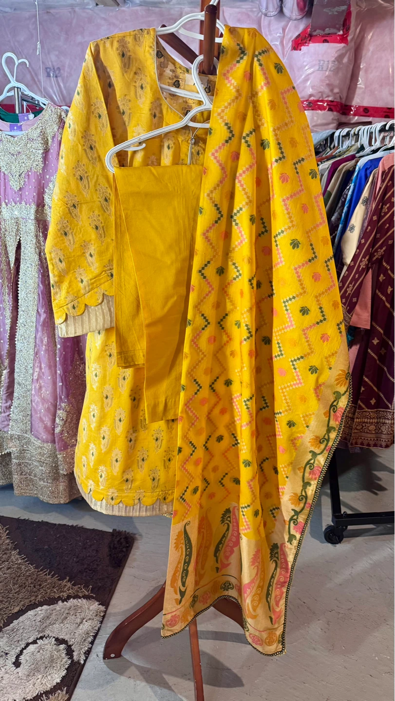 Yellow Printed Kurti with Pants and Dupatta