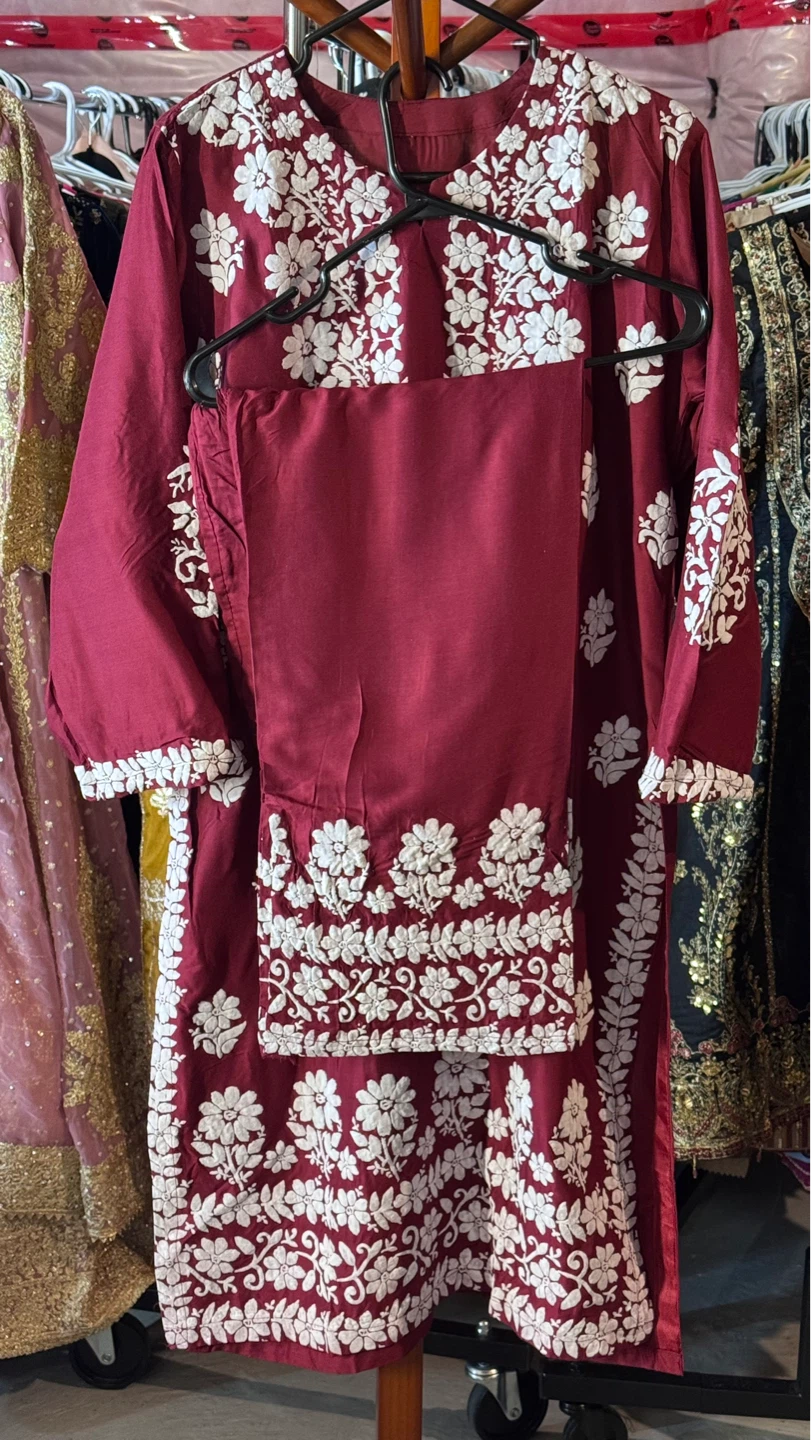 Maroon Kurti with White Embroidery and Pants Set