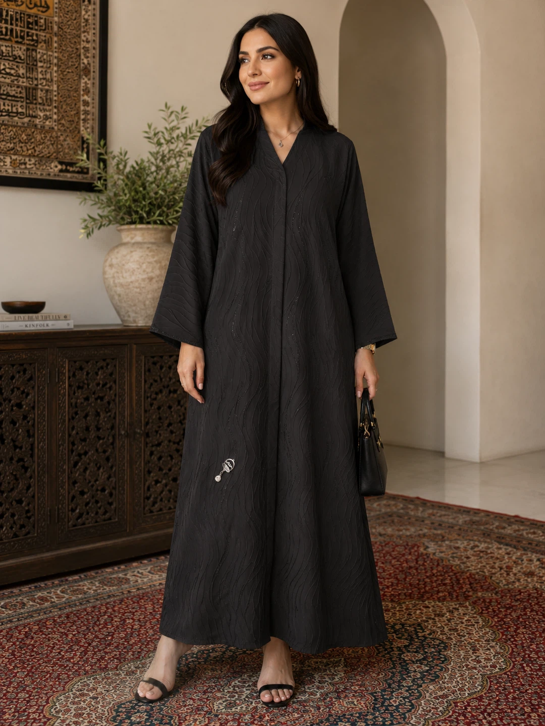 Black Textured Abaya with Embellishment