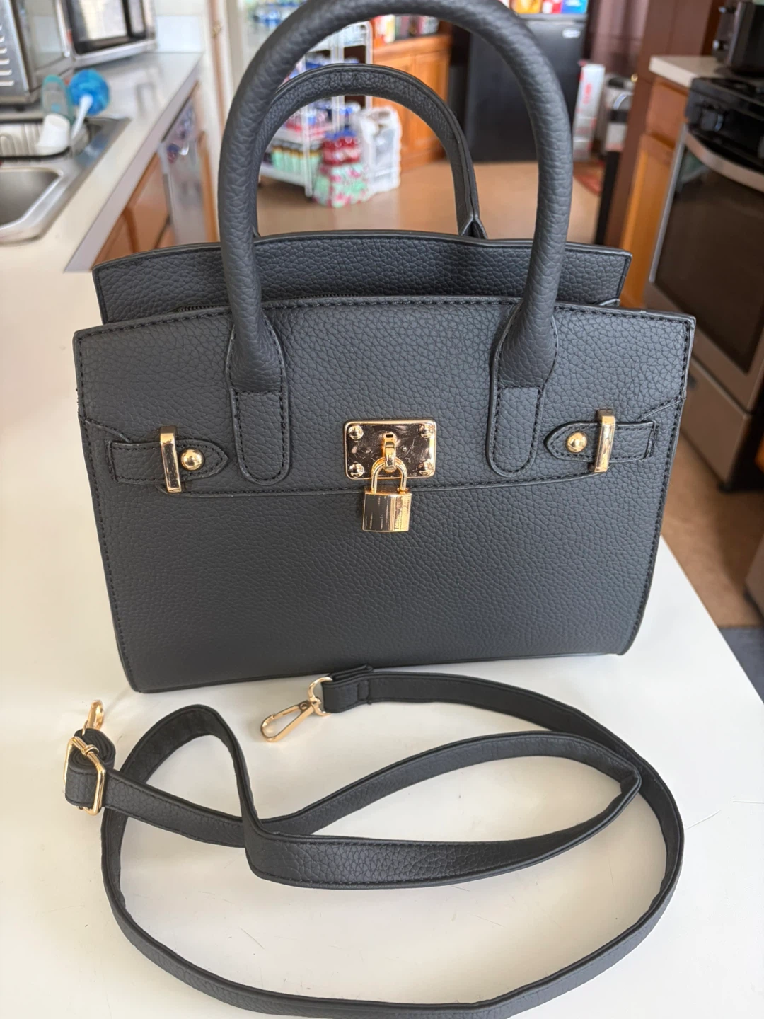Black Satchel Handbag with Gold Hardware