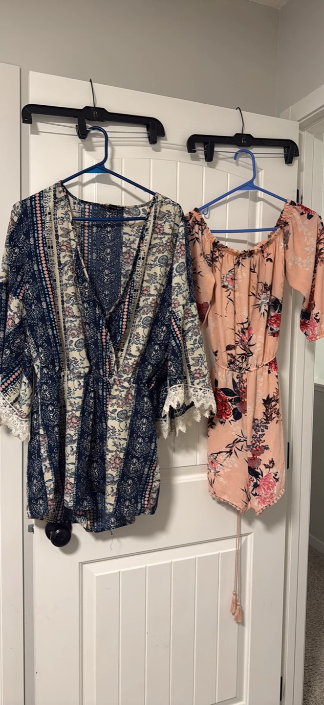 Two women's rompers, floral and paisley prints