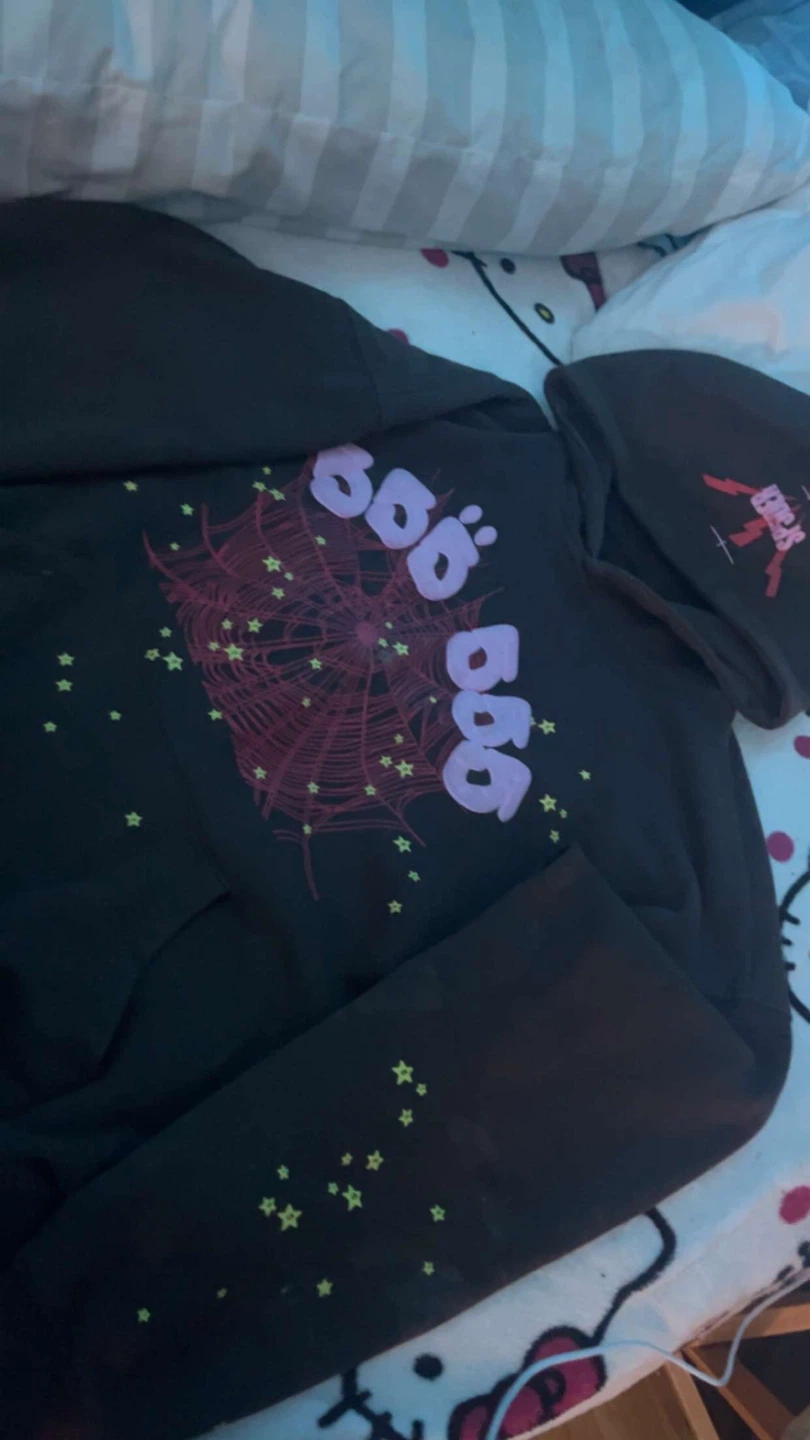 Black Graphic Hoodie with Spider Web and Stars