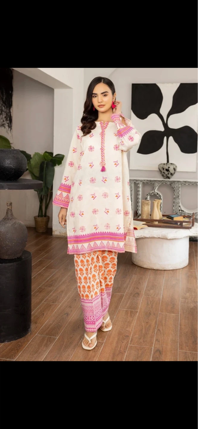 Women's Cream and Pink Printed Kurti and Pants Set