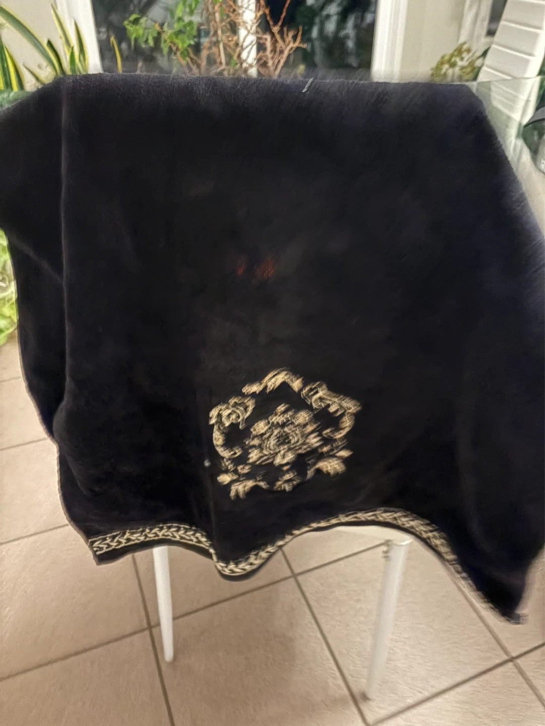 Black Throw Blanket with Gold Embroidery