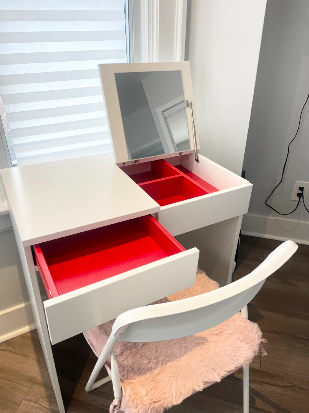 IKEA White Vanity Desk with Mirror and chair