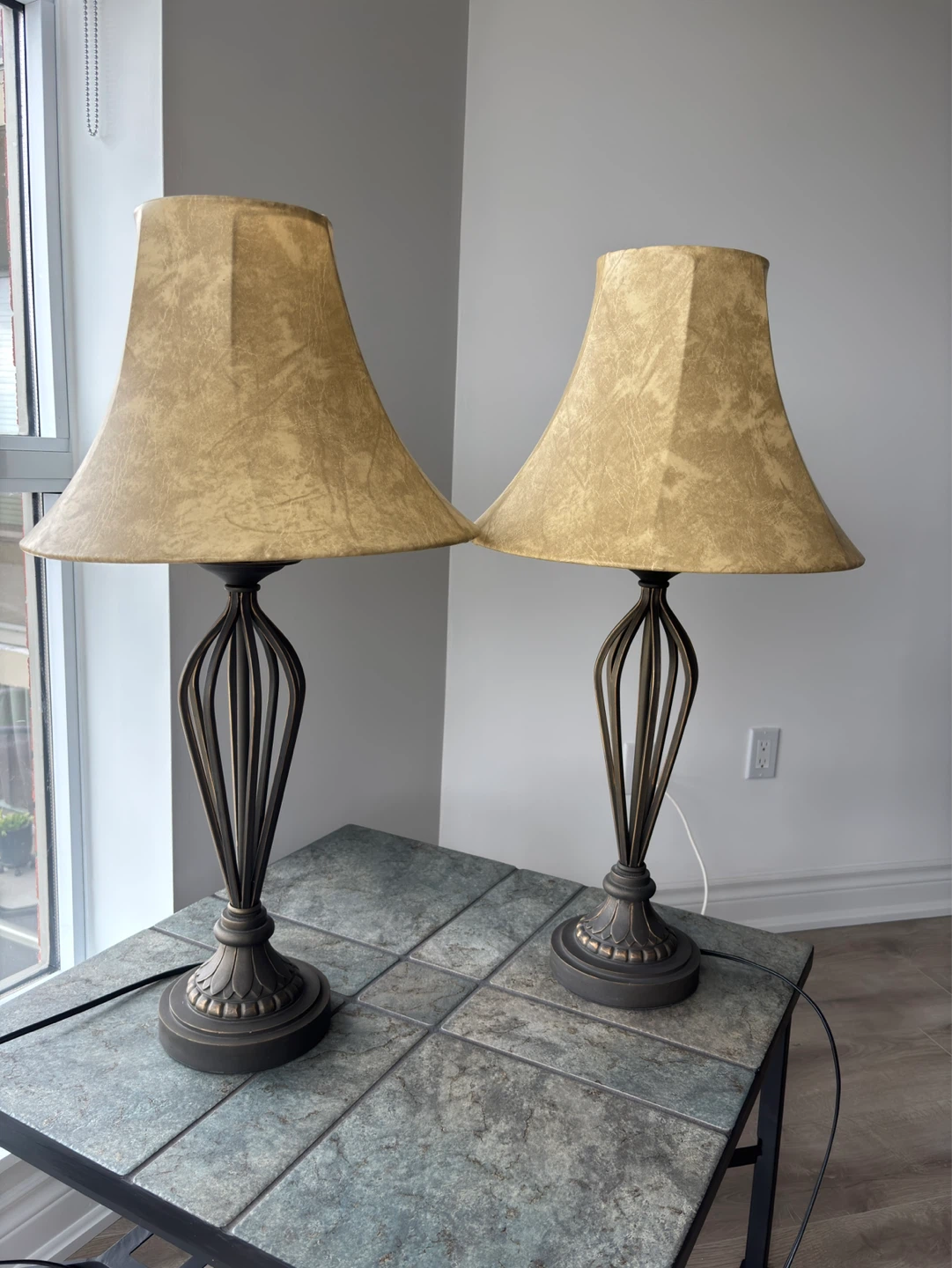Two Elegant Table Lamps with Gold Fabric Shades