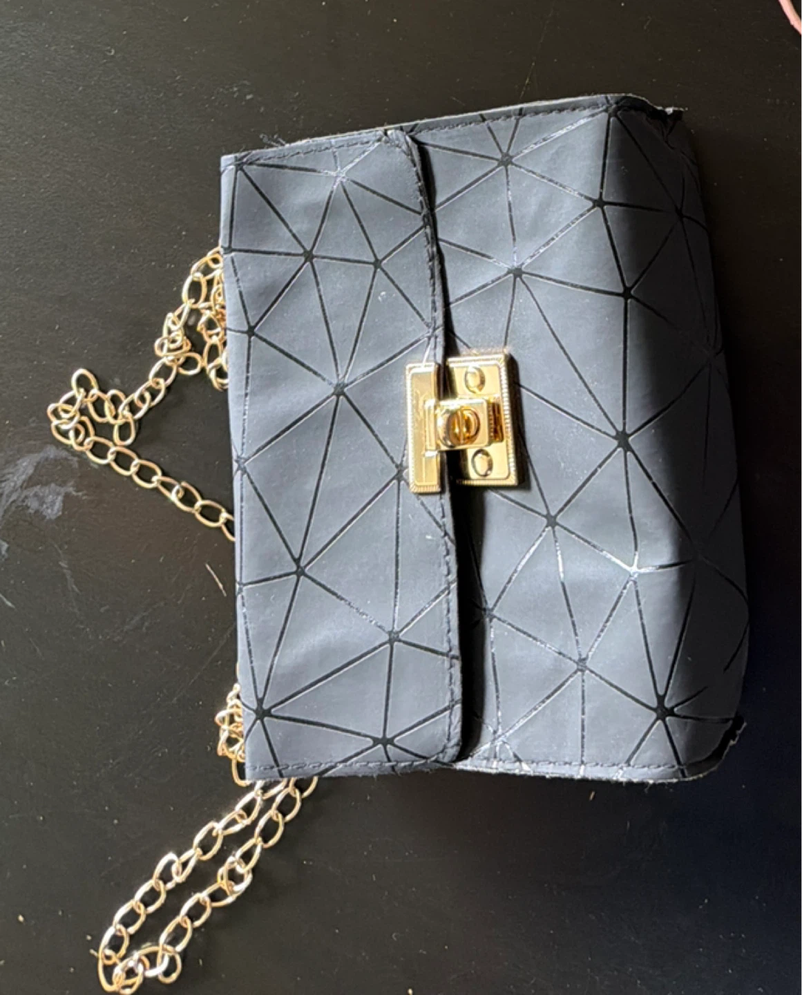 Grey Geometric Clutch Bag with Gold Chain