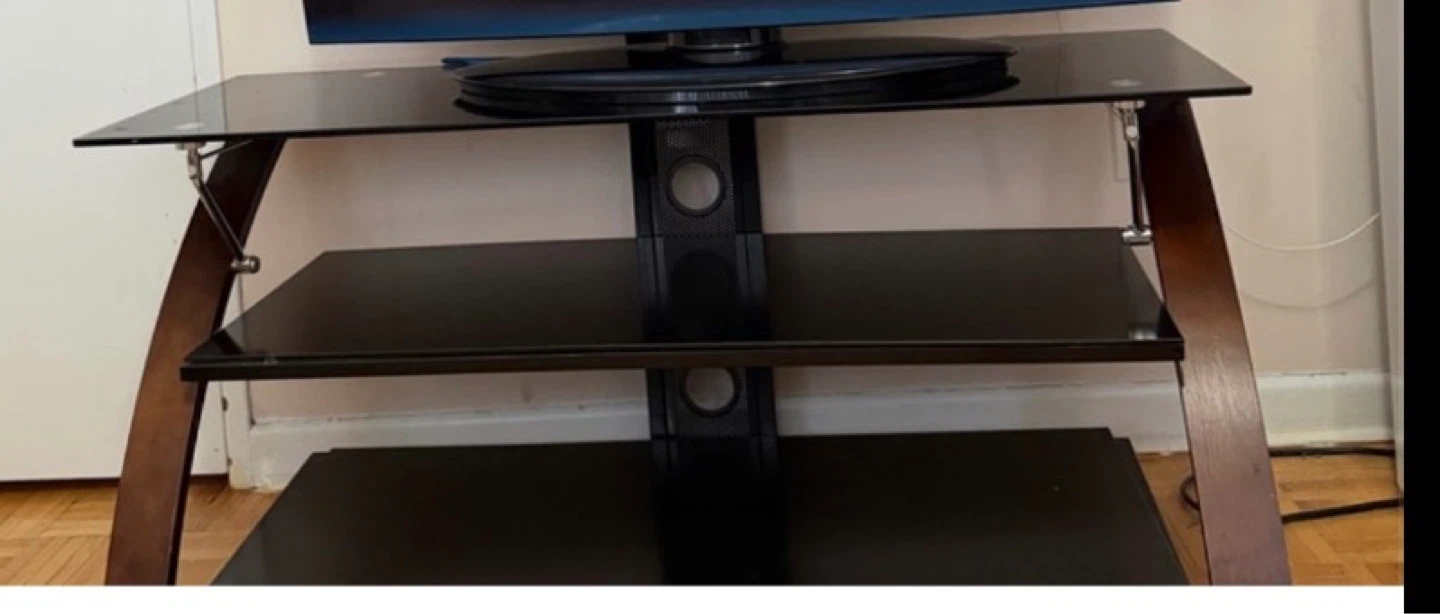 Black Glass TV Stand with Wood Accents