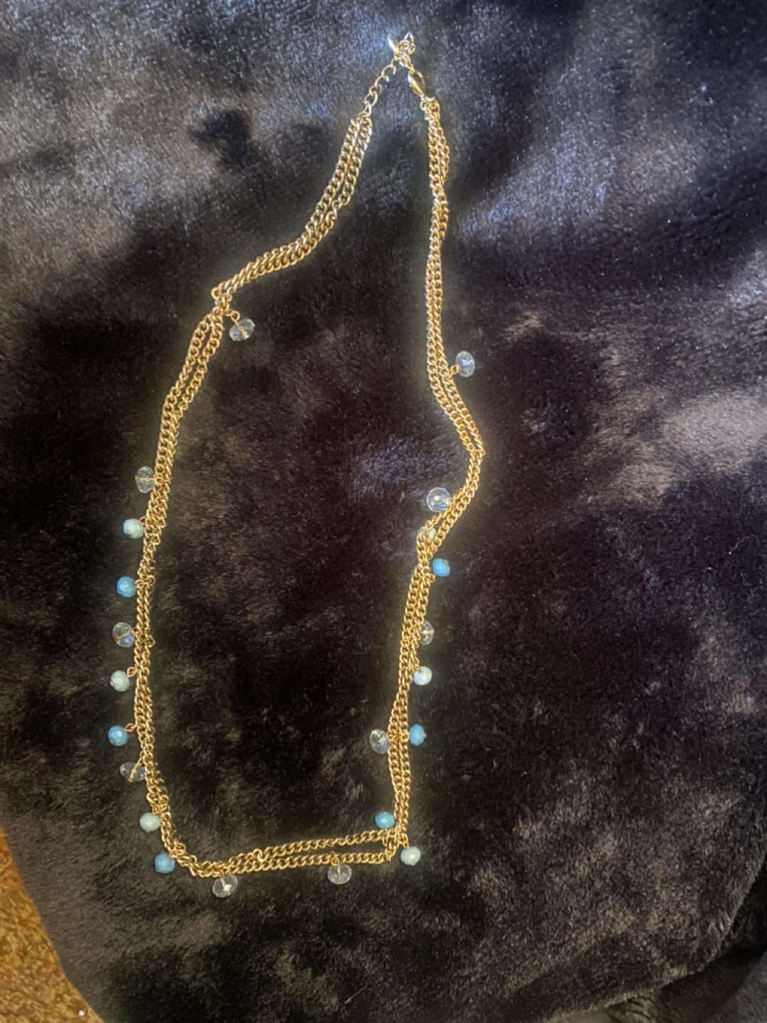 Gold Tone Double Strand Necklace with Blue & Clear Beaded Accent
