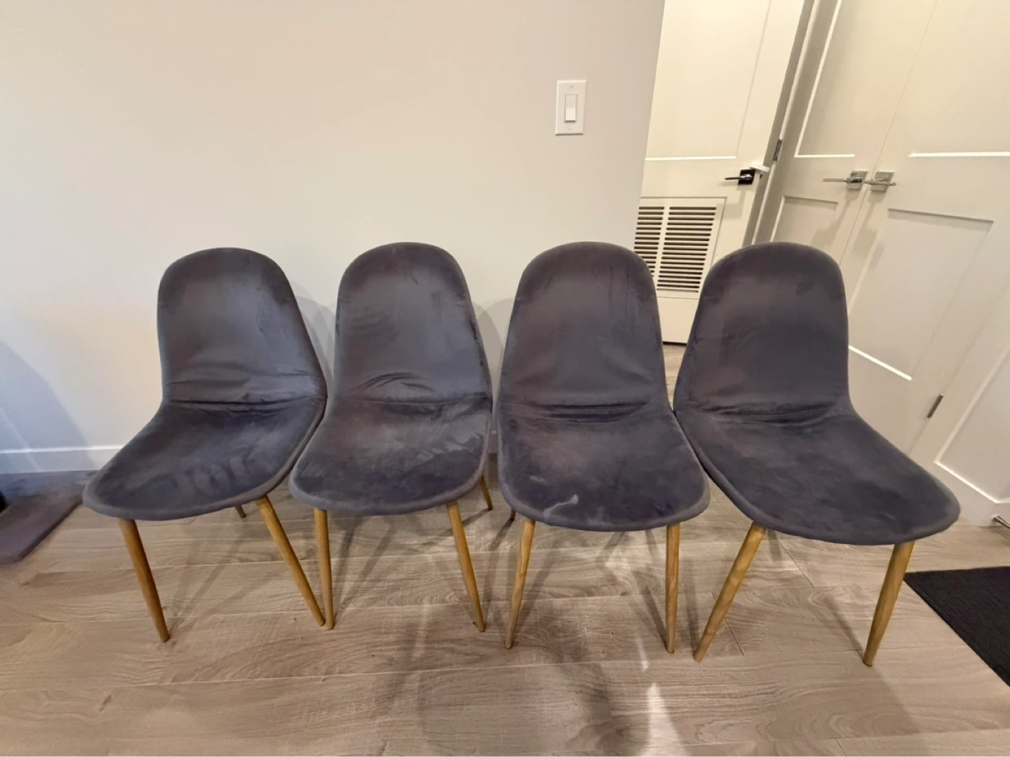 Set of 4 Grey Velvet Dining Chairs (with free ottoman)