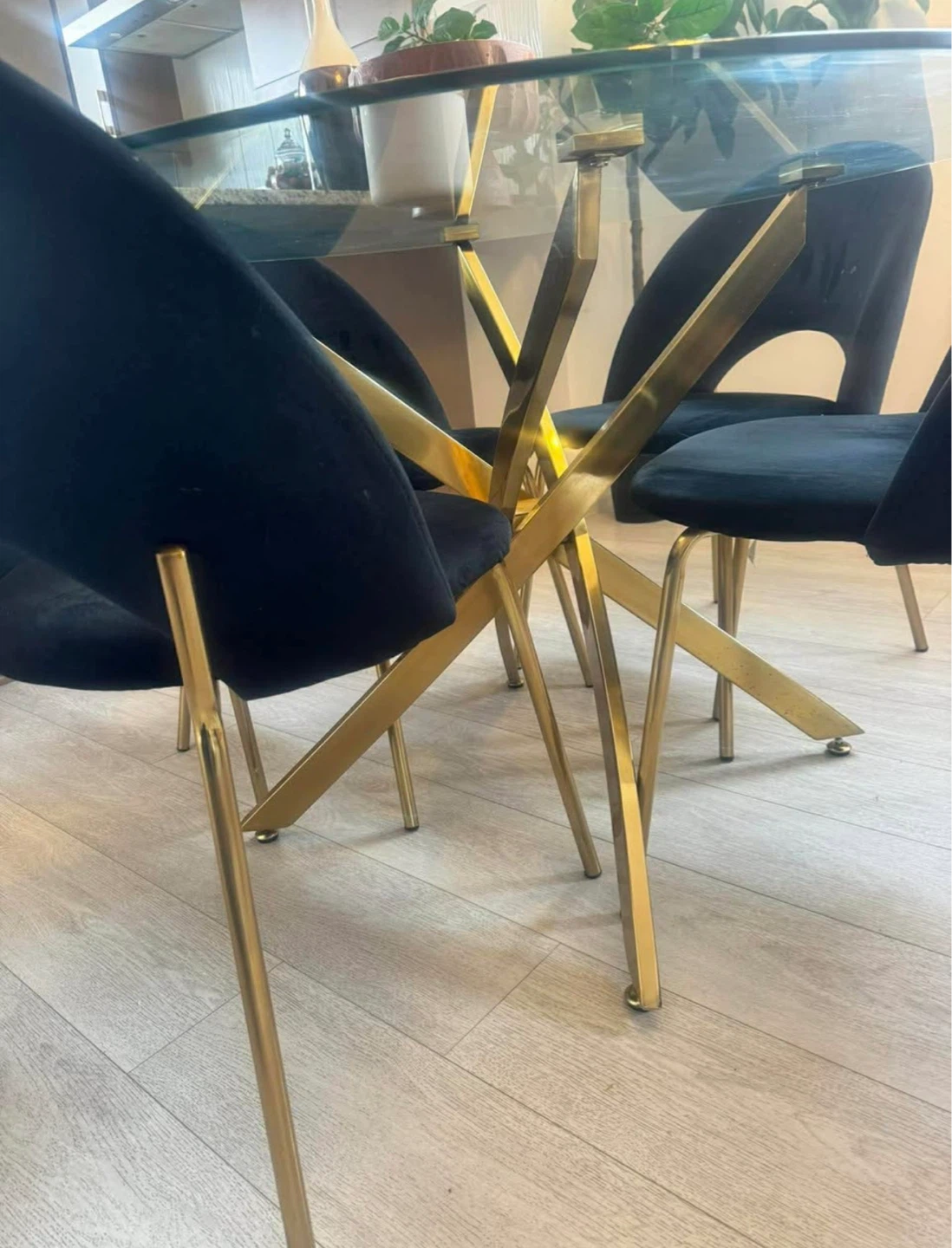 Glass Dining Table with 4 Black Velvet Chairs - Gold Base