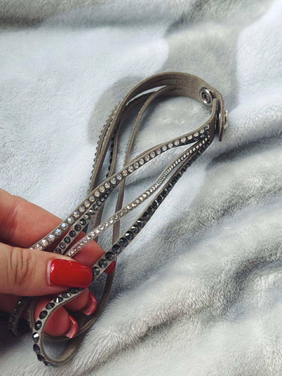 Grey Leather Wrap Bracelet with Crystals, Swarovski - photo 5