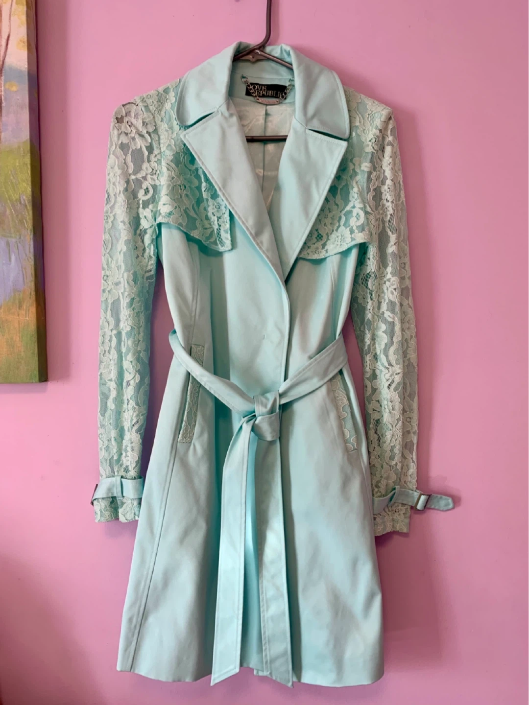 Turquoise Lace Sleeve Trench Coat