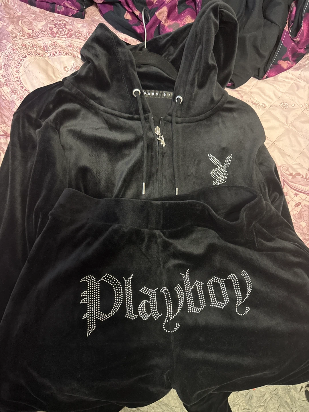 Playboy Velour Tracksuit Set - Black
