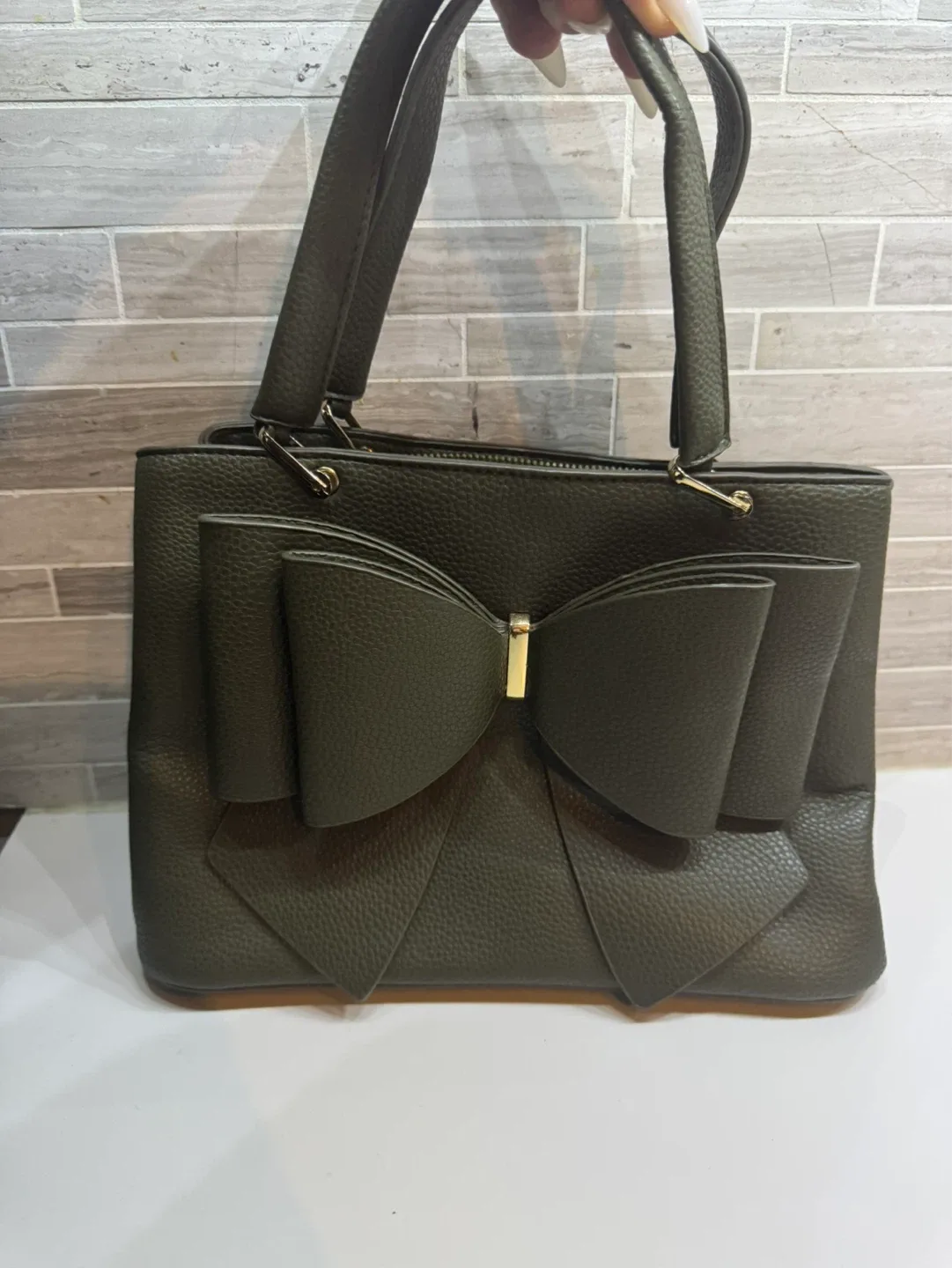 Green Faux Leather Tote Bag with Bow Accent