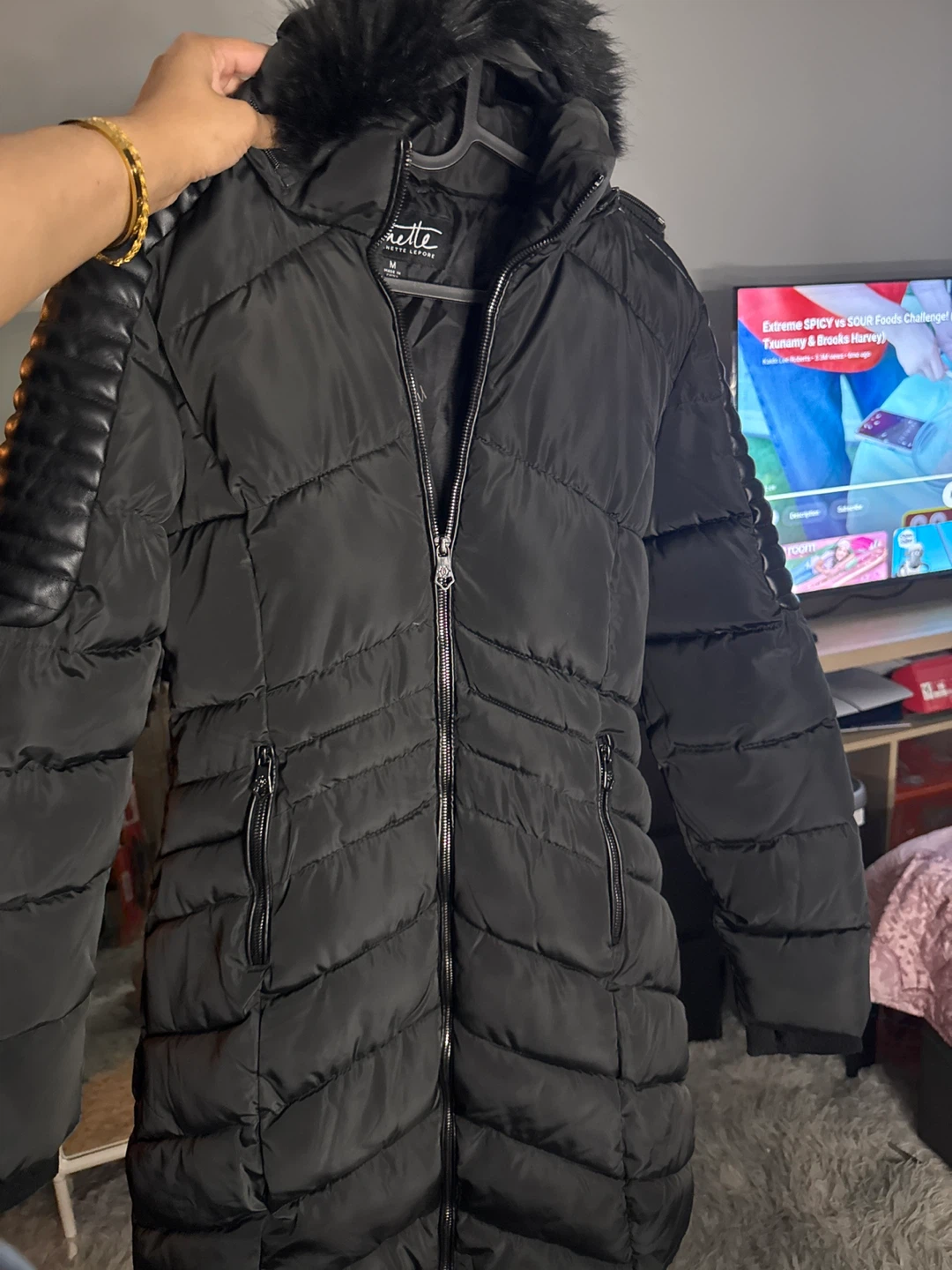 Nanette Lepore Black Puffer Jacket with Faux Fur Hood - Size M