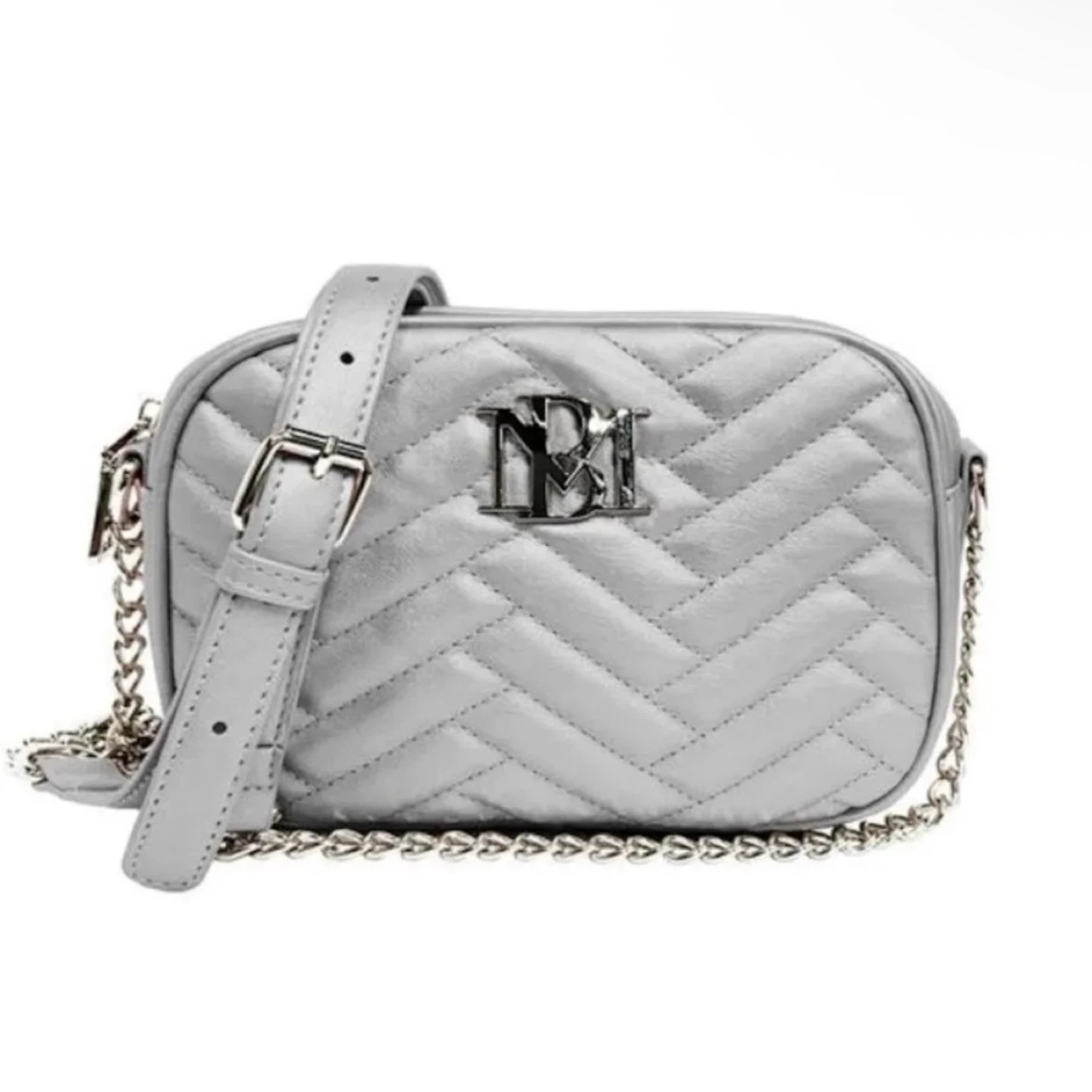BADGLEY MISCHKA Metallic Grey Silver Camera Bag Chain Strap NWT