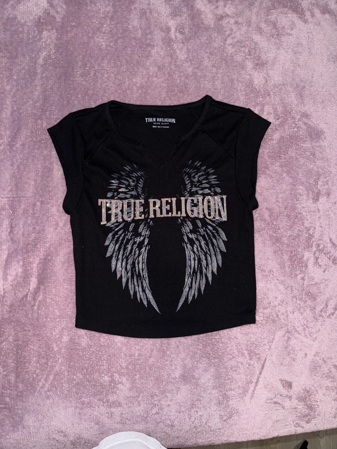 True Religion Black Rhinestone Wing Crop Top