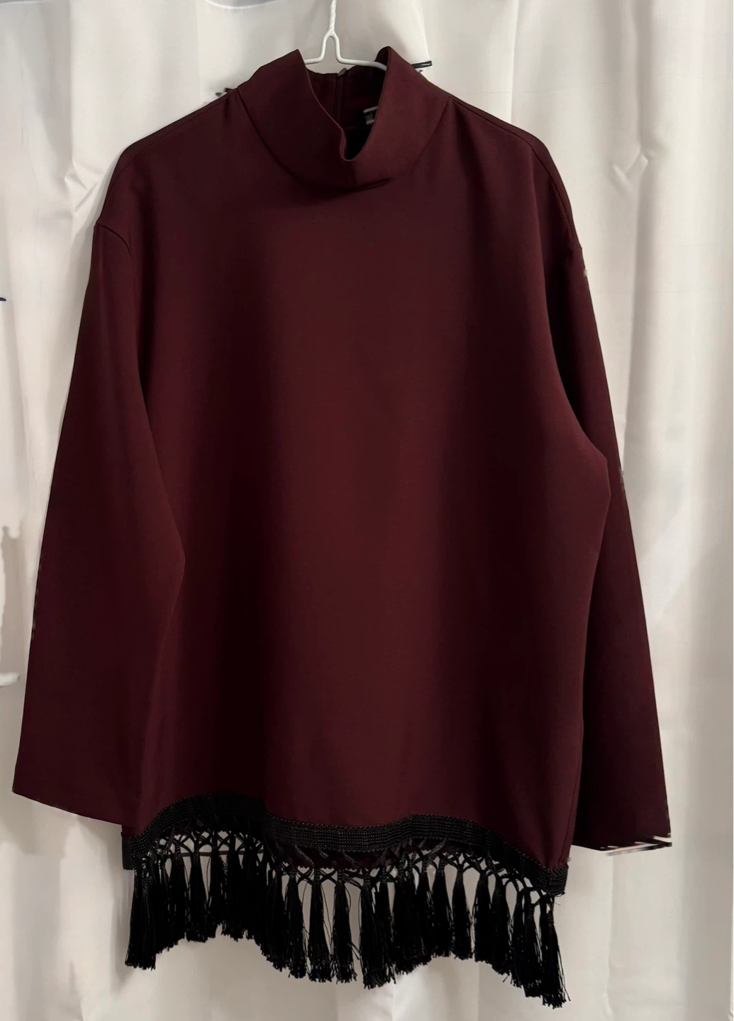 Maroon Mock Neck Top with Black Fringe