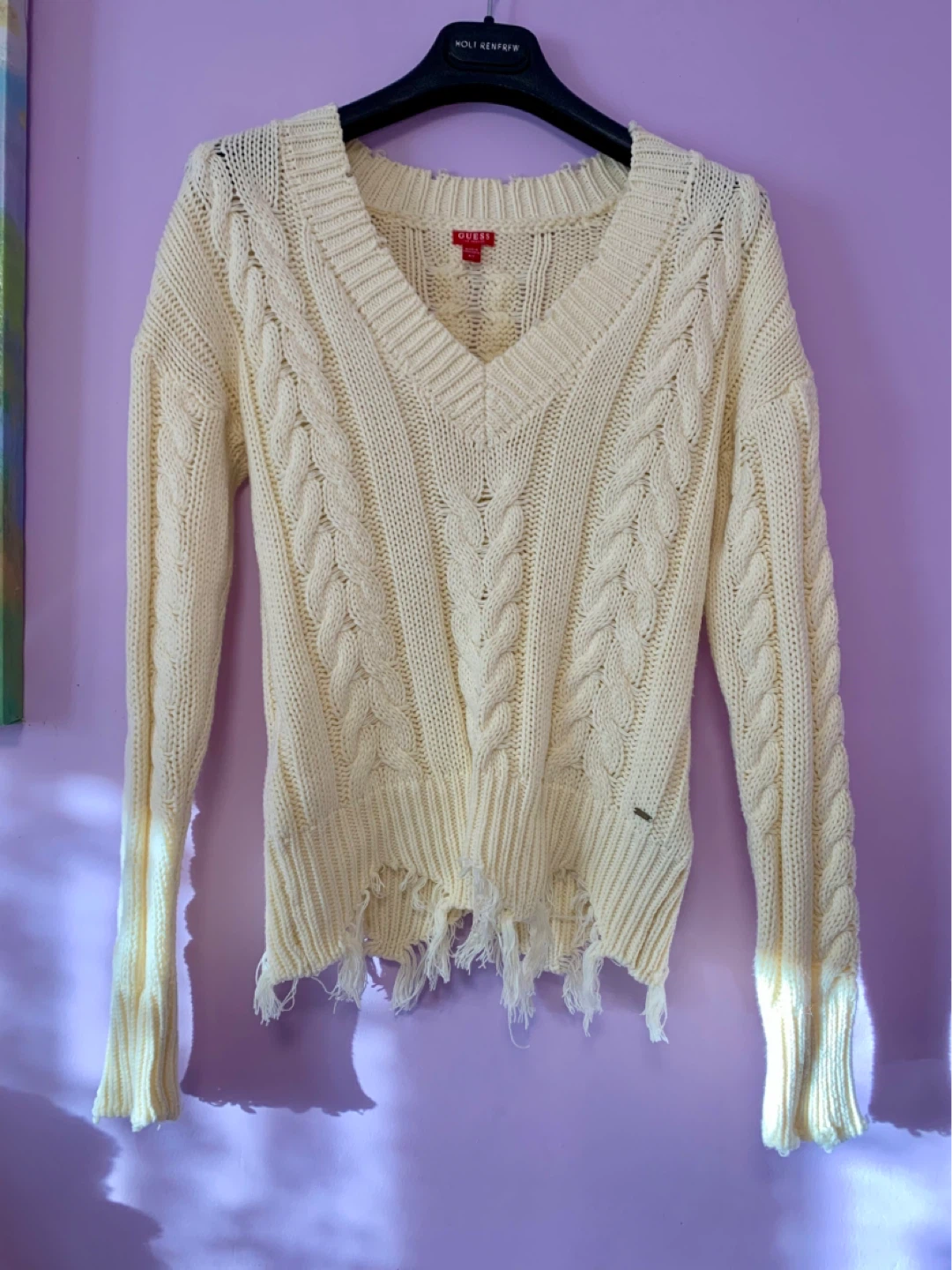 Guess Cream Cable Knit V-Neck Sweater