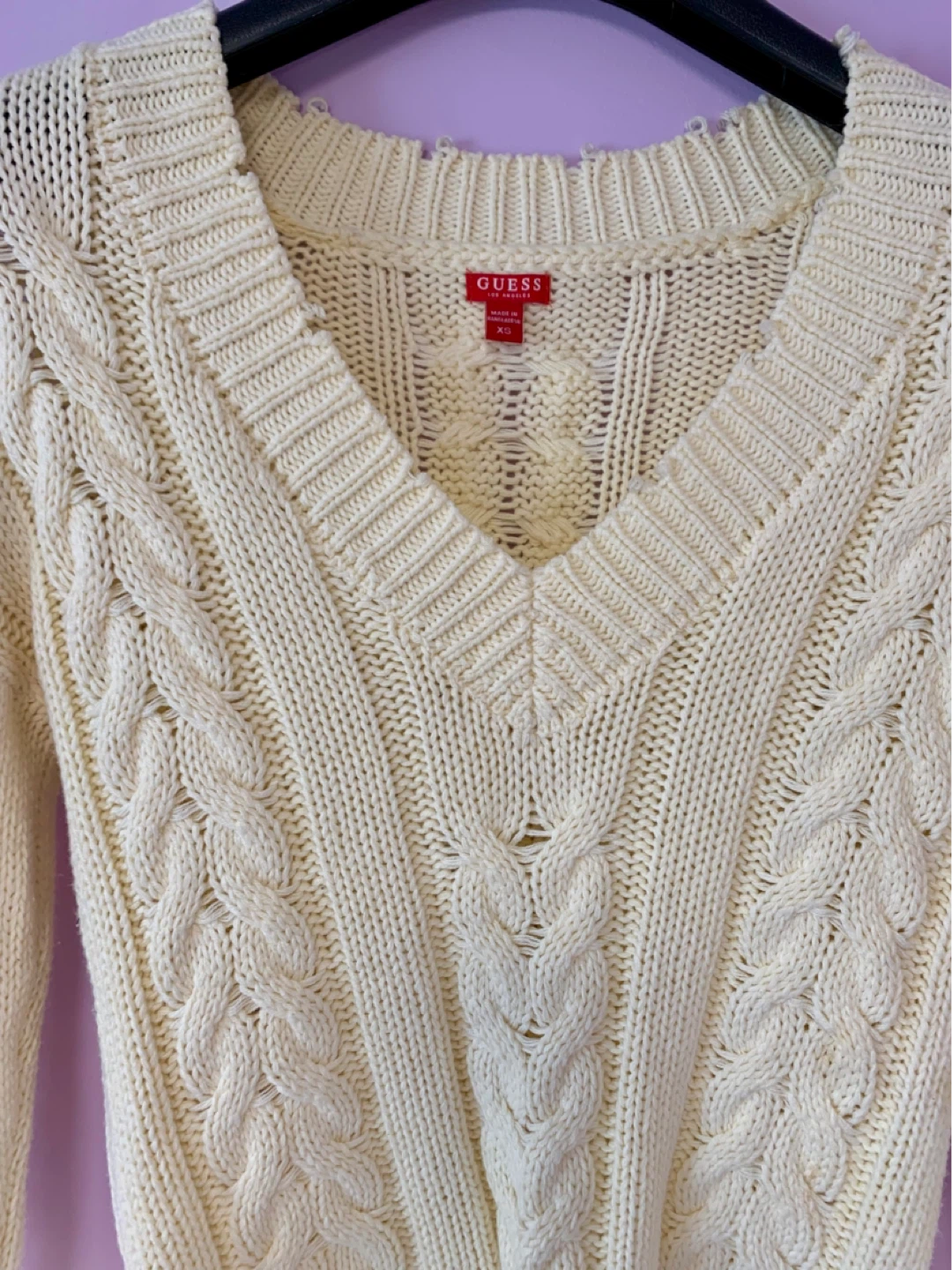 Guess Cream Cable Knit V-Neck Sweater - photo 3