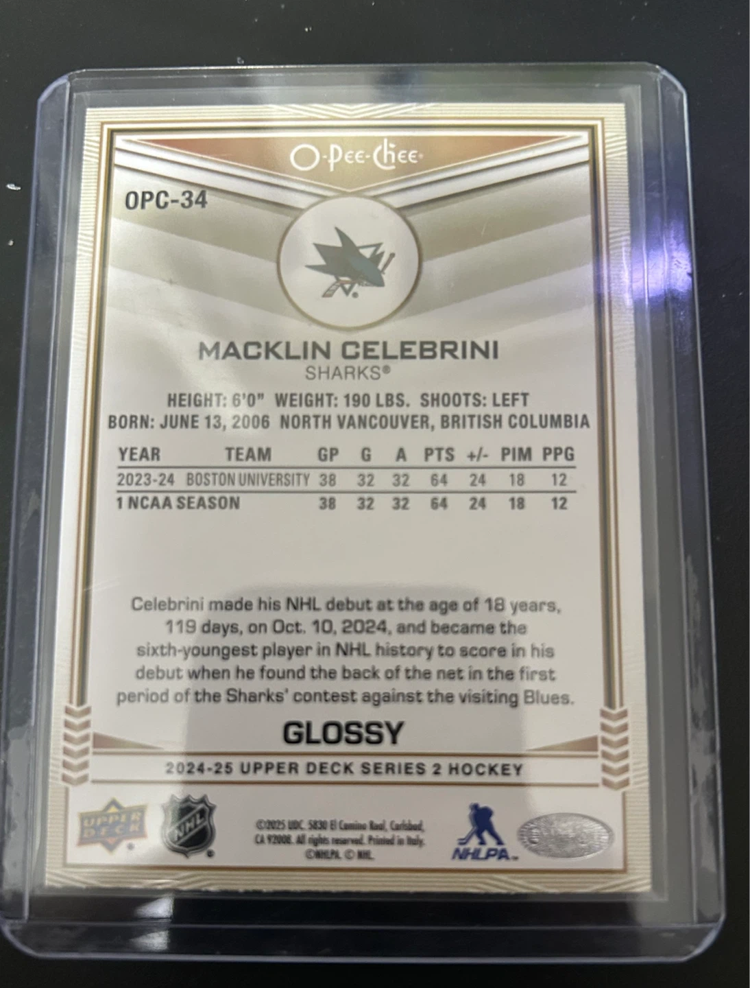 Macklin celebrini opc rookie card - photo 3