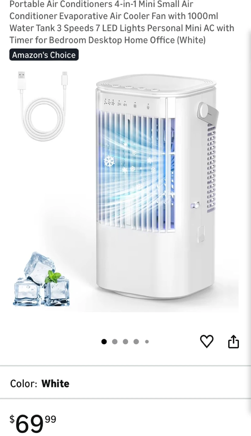 Portable 4-in-1 Air Cooler Fan with 1000ml Water Tank