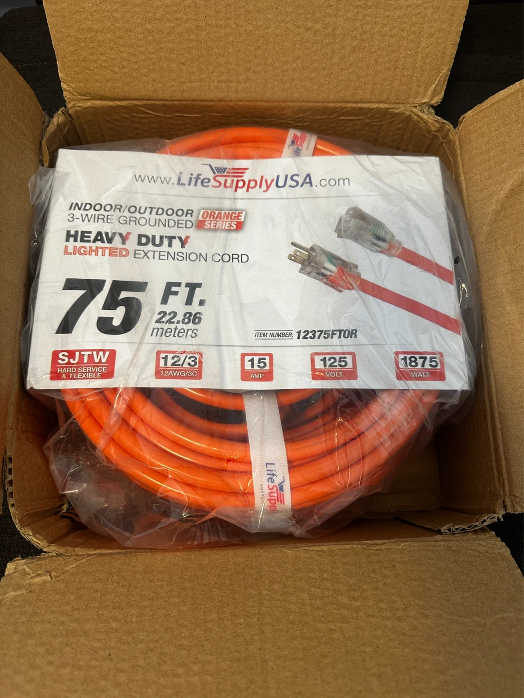 LifeSupplyUSA Orange Heavy Duty Lighted Extension Cord - 75 ft - photo 2