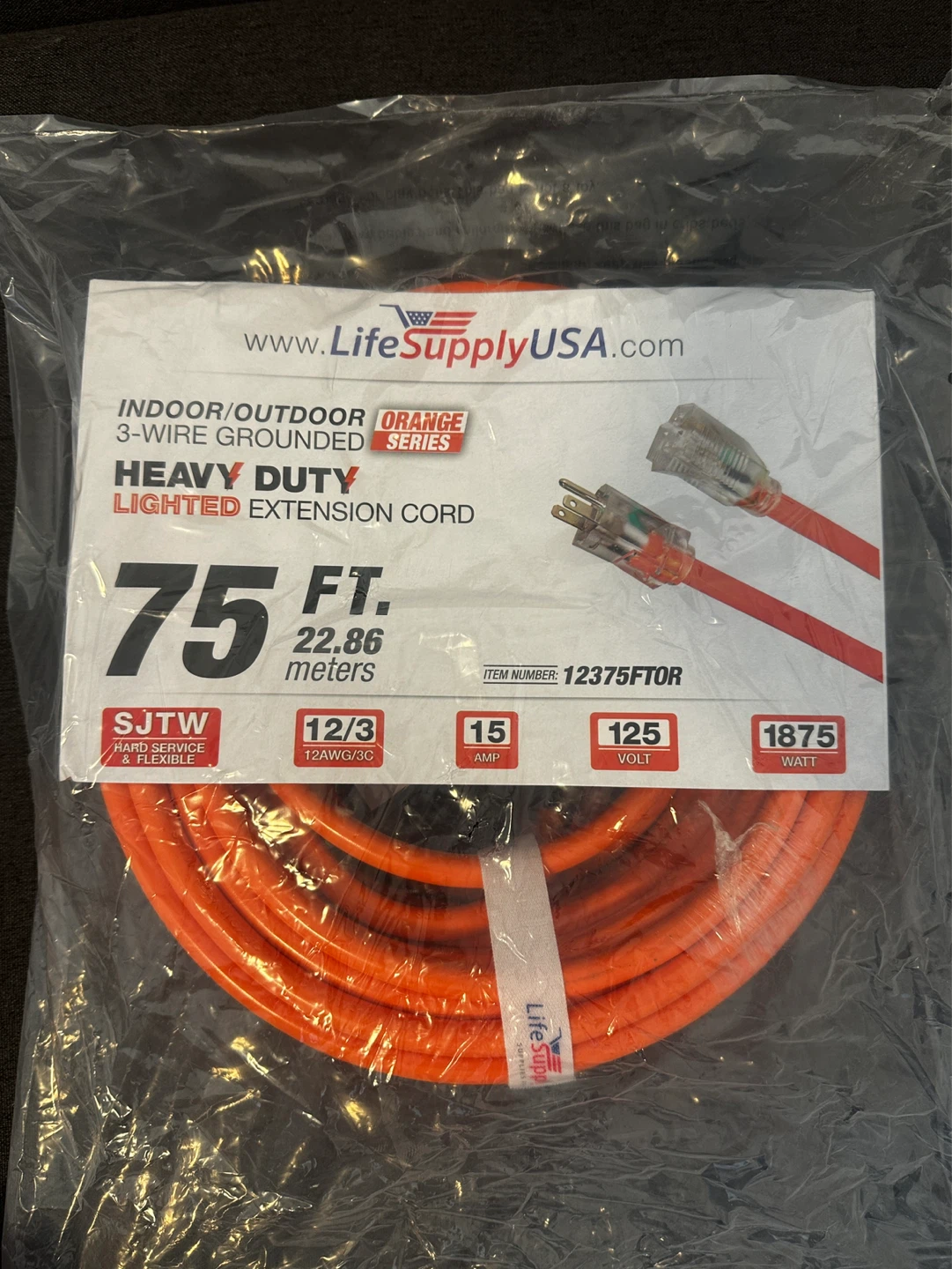 LifeSupplyUSA Orange Heavy Duty Lighted Extension Cord - 75 ft