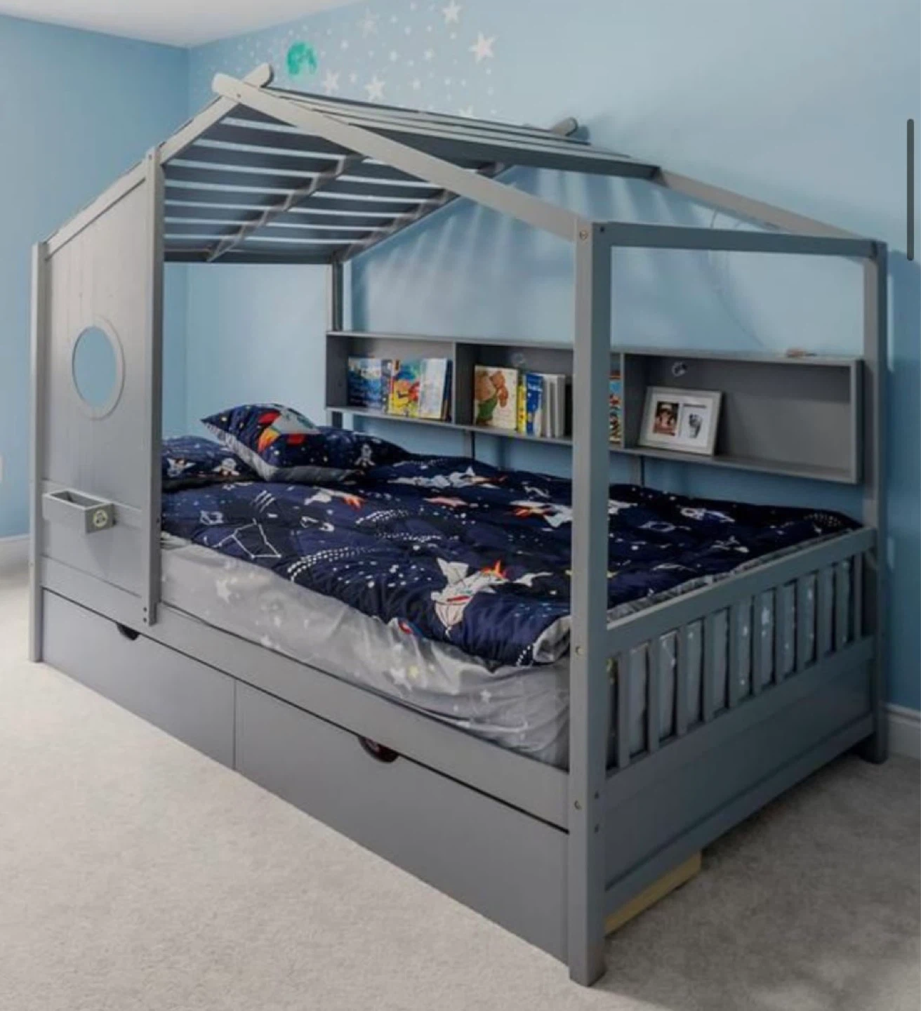 Grey House Bed Frame with Shelves and Drawers