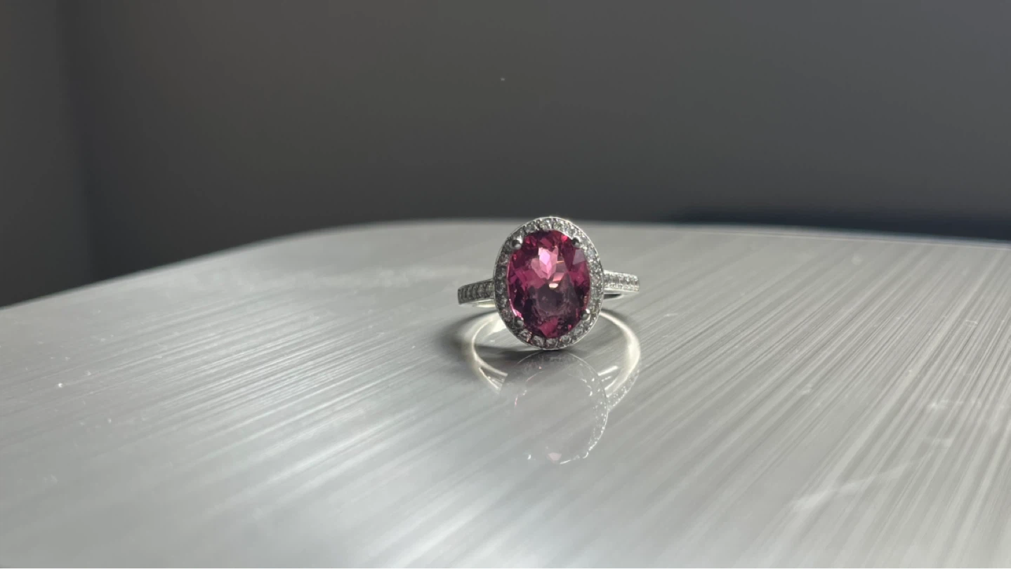 18K White Gold Tourmaline and Diamond Halo Ring - Size 8