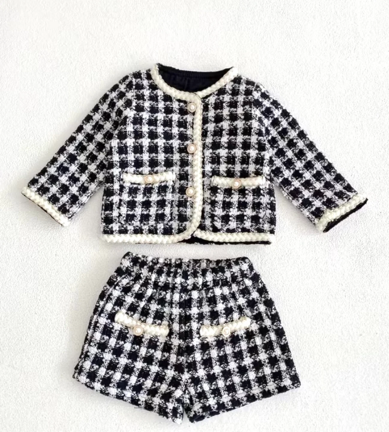 Black and White Plaid Tweed Jacket and Shorts Set