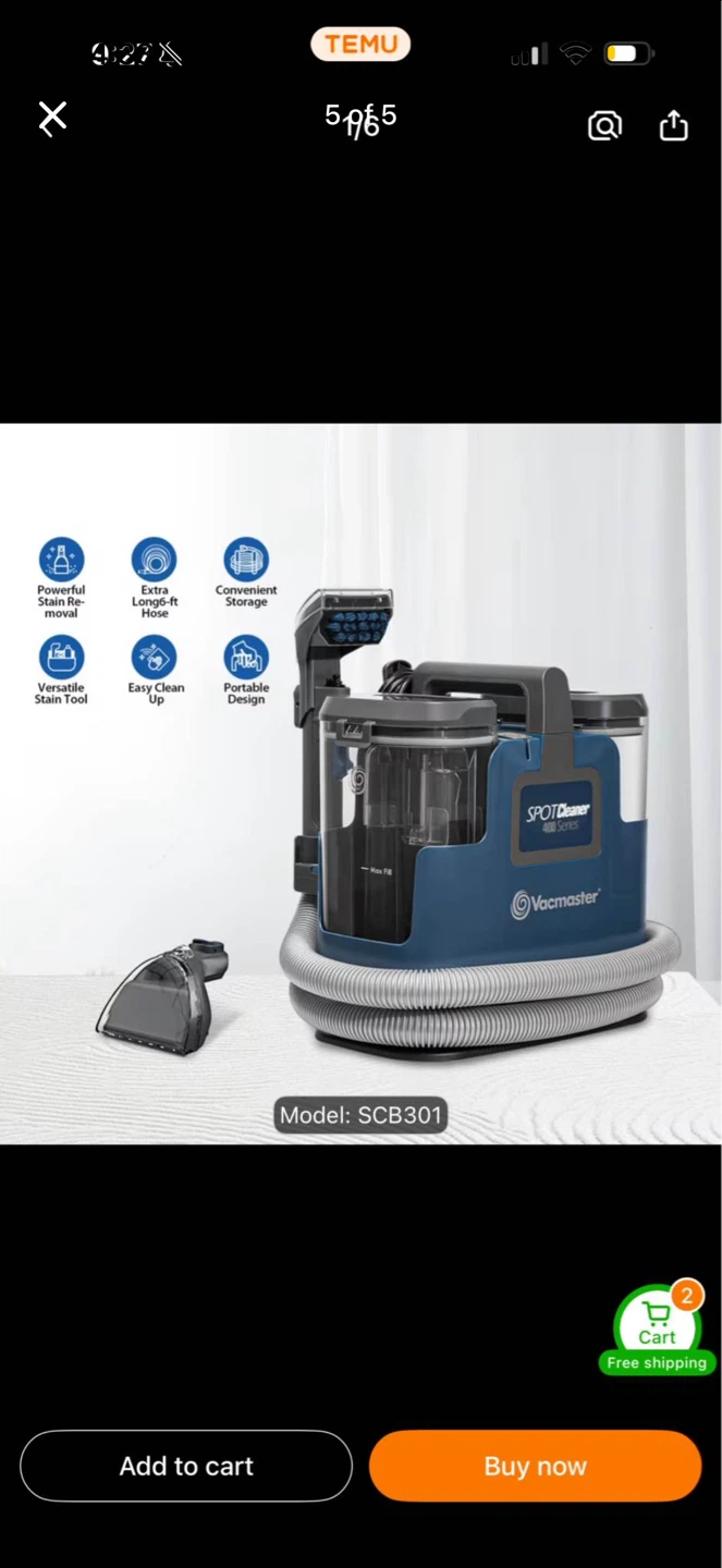Vacmaster Spot Cleaner SCB301 Portable Carpet Cleaner