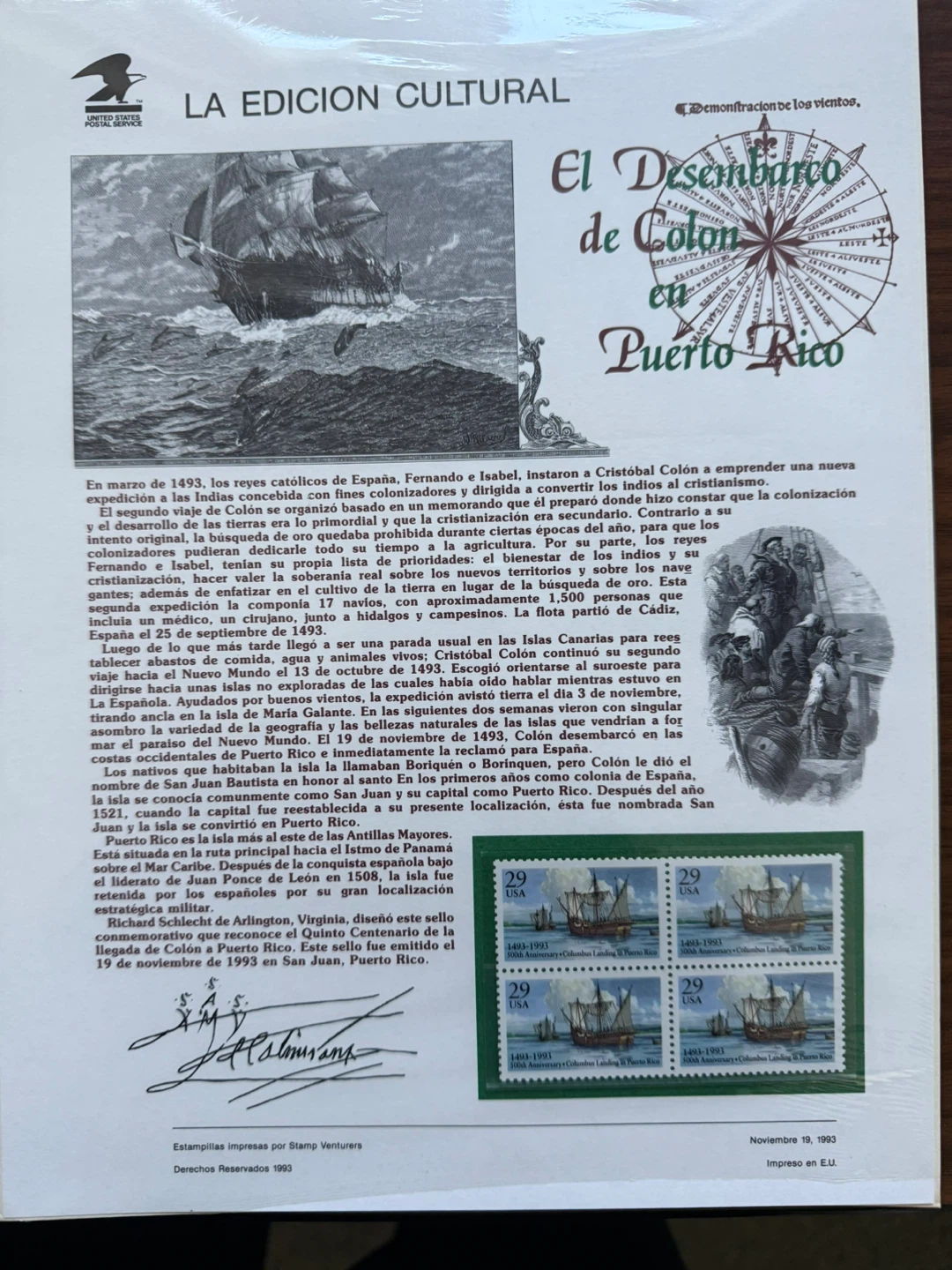 USPS El Desembarco de Colon en Puerto Rico Stamp Sheet