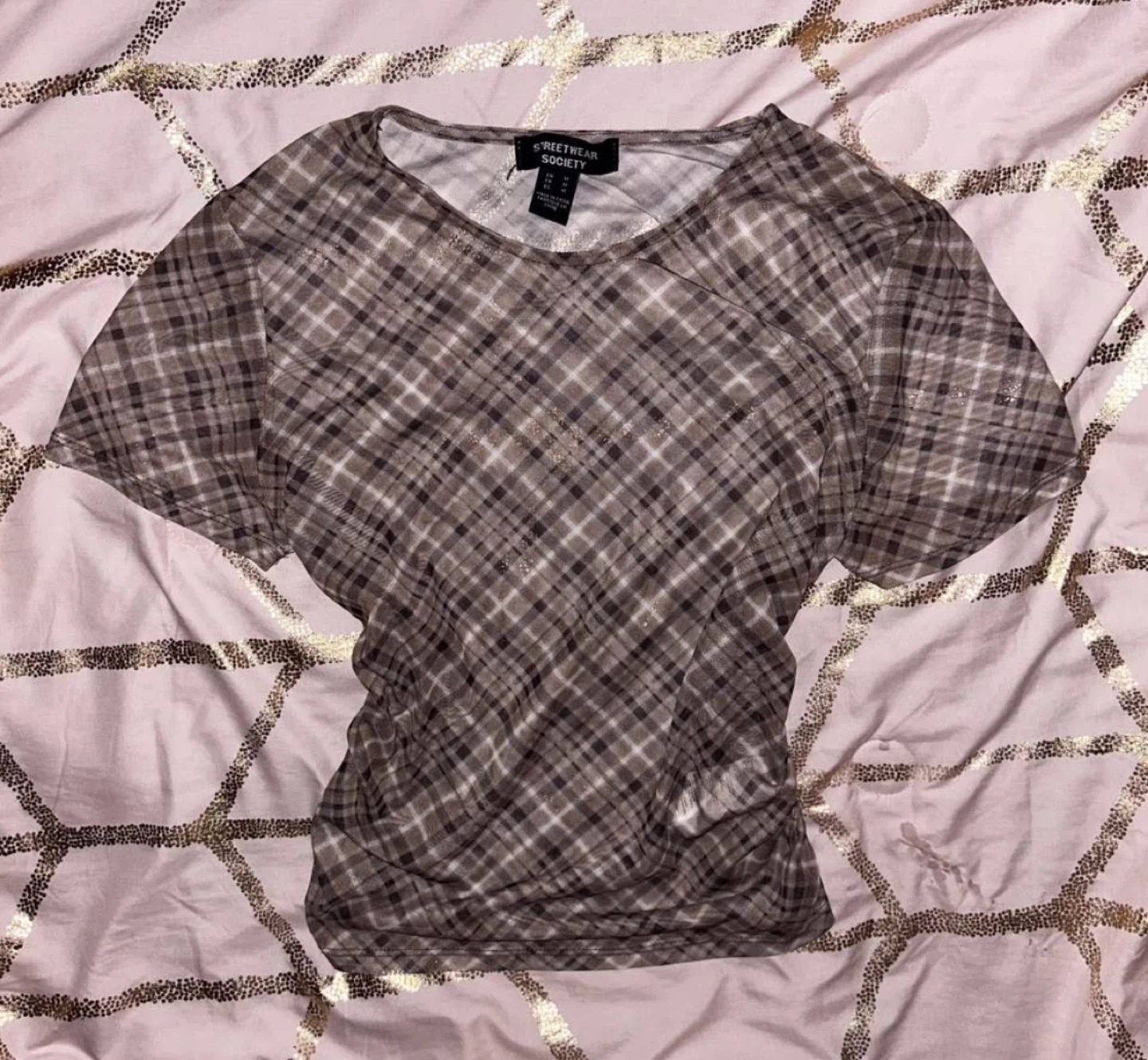 brown plaid mesh top