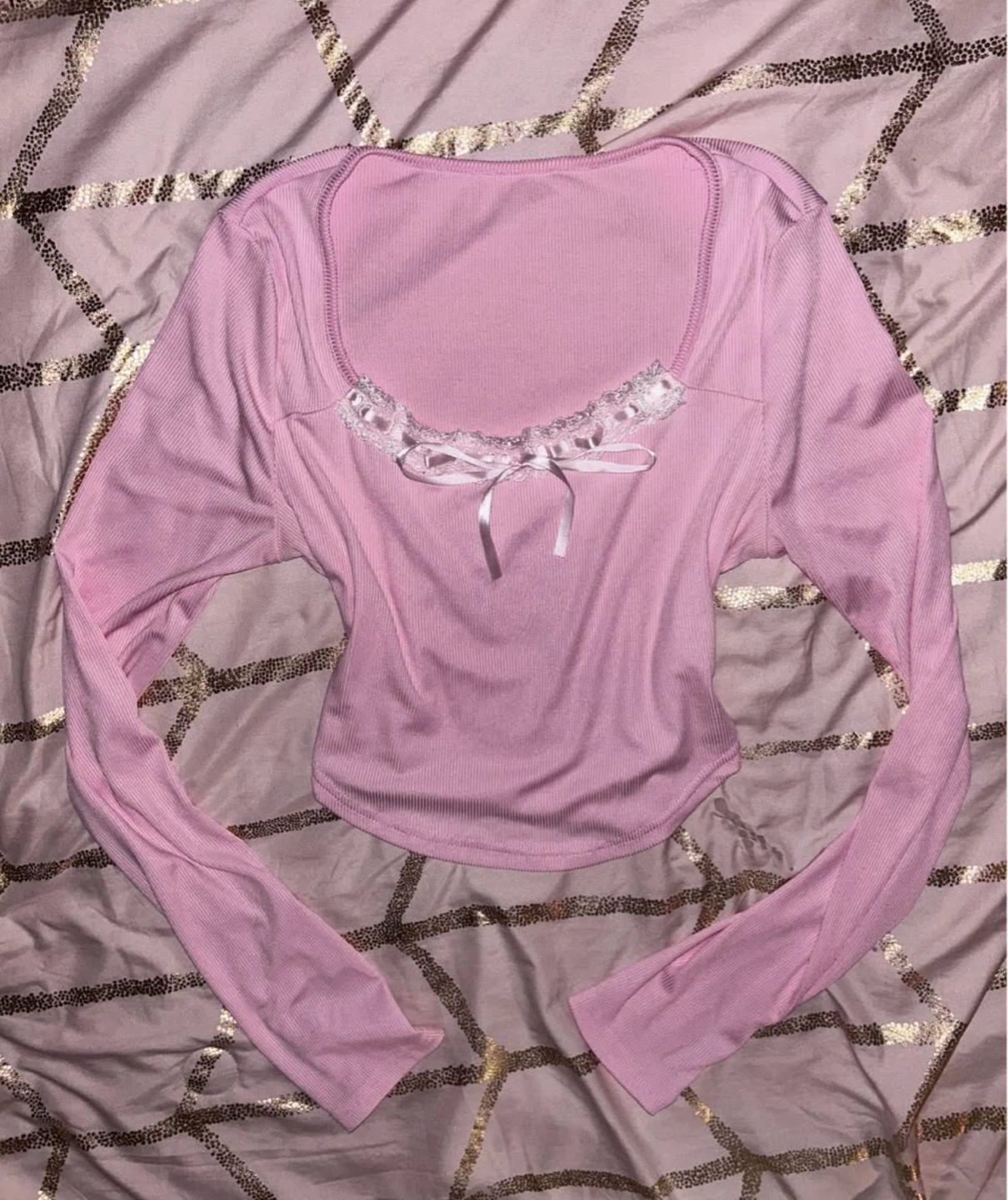 pink lace neck long sleeve