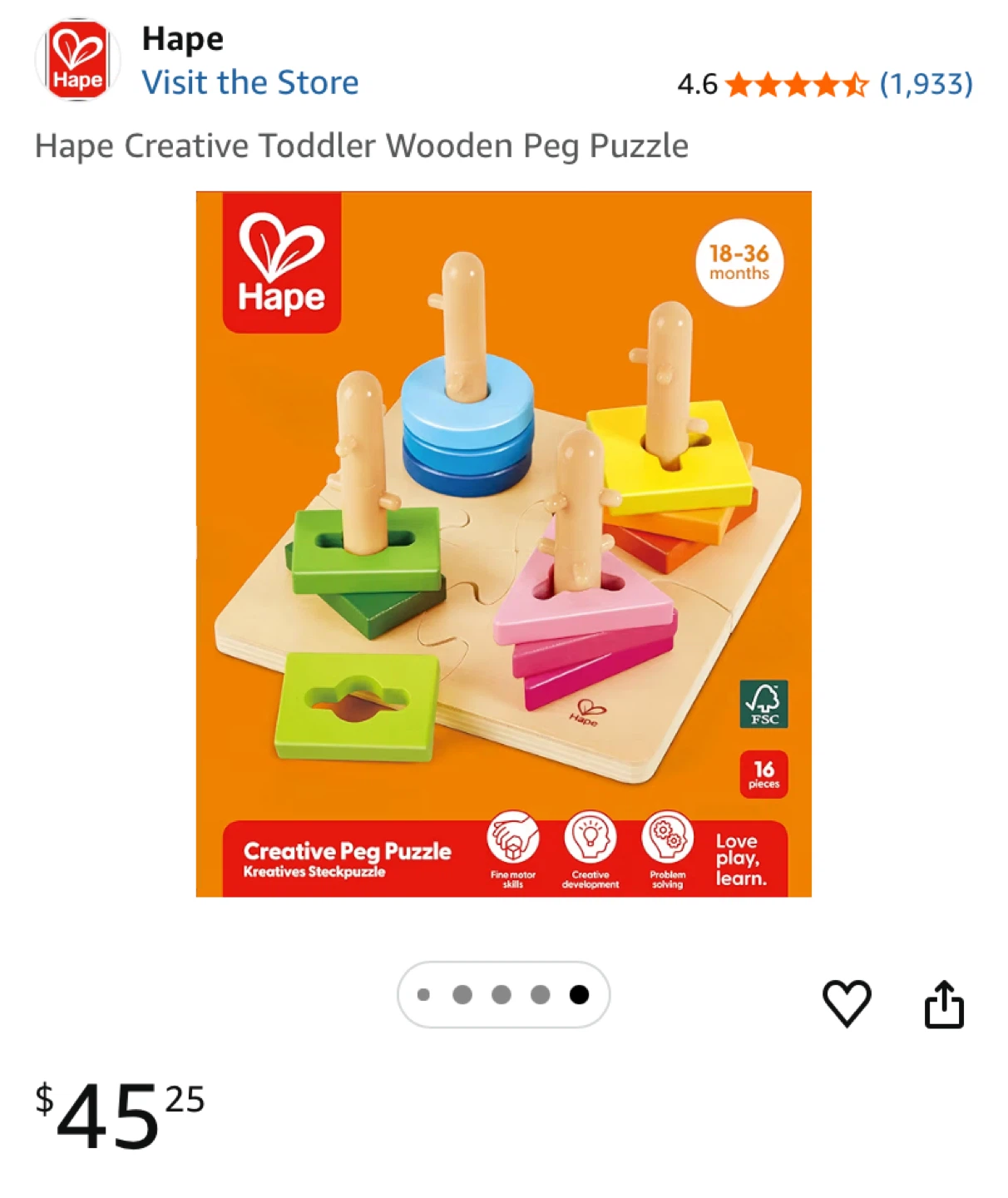 Hape Creative Toddler Wooden Peg Puzzle