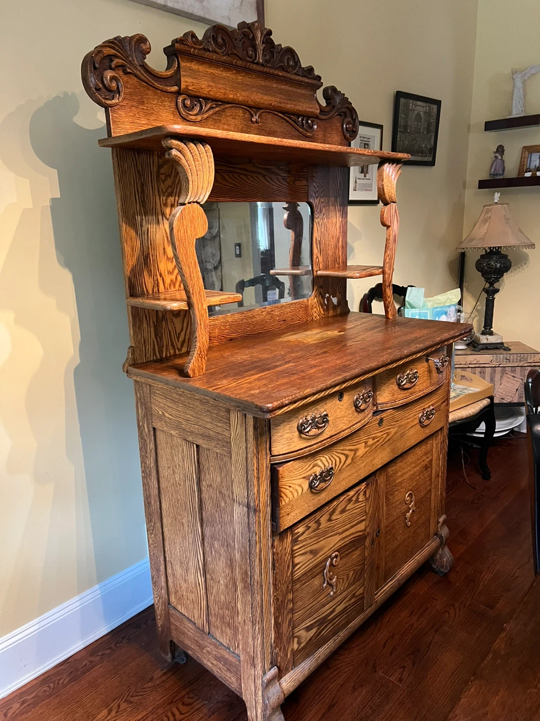 Antique Oak Buffet with Mirror and Drawers