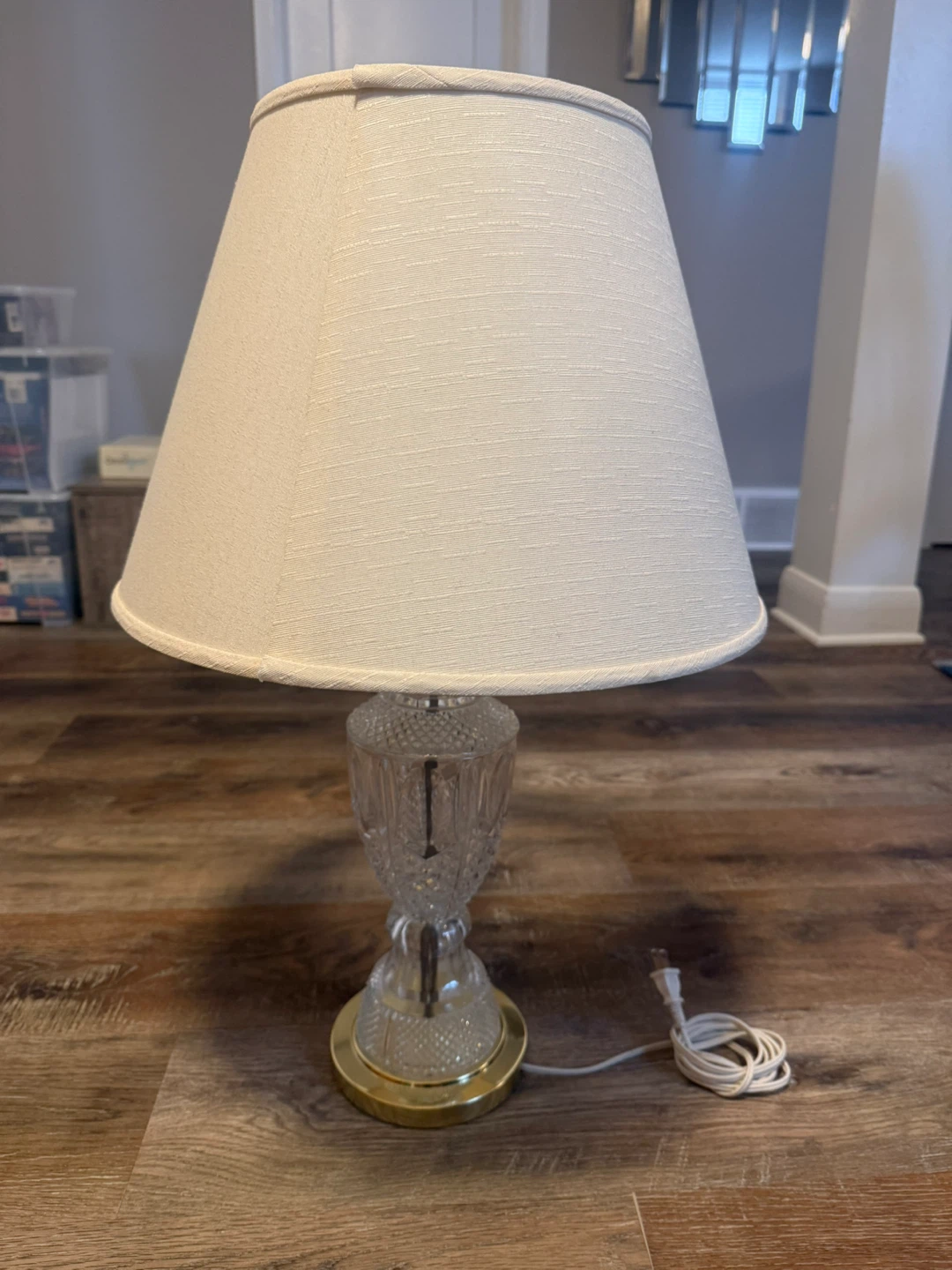 Clear Glass and Brass Table Lamp with Cream Shade