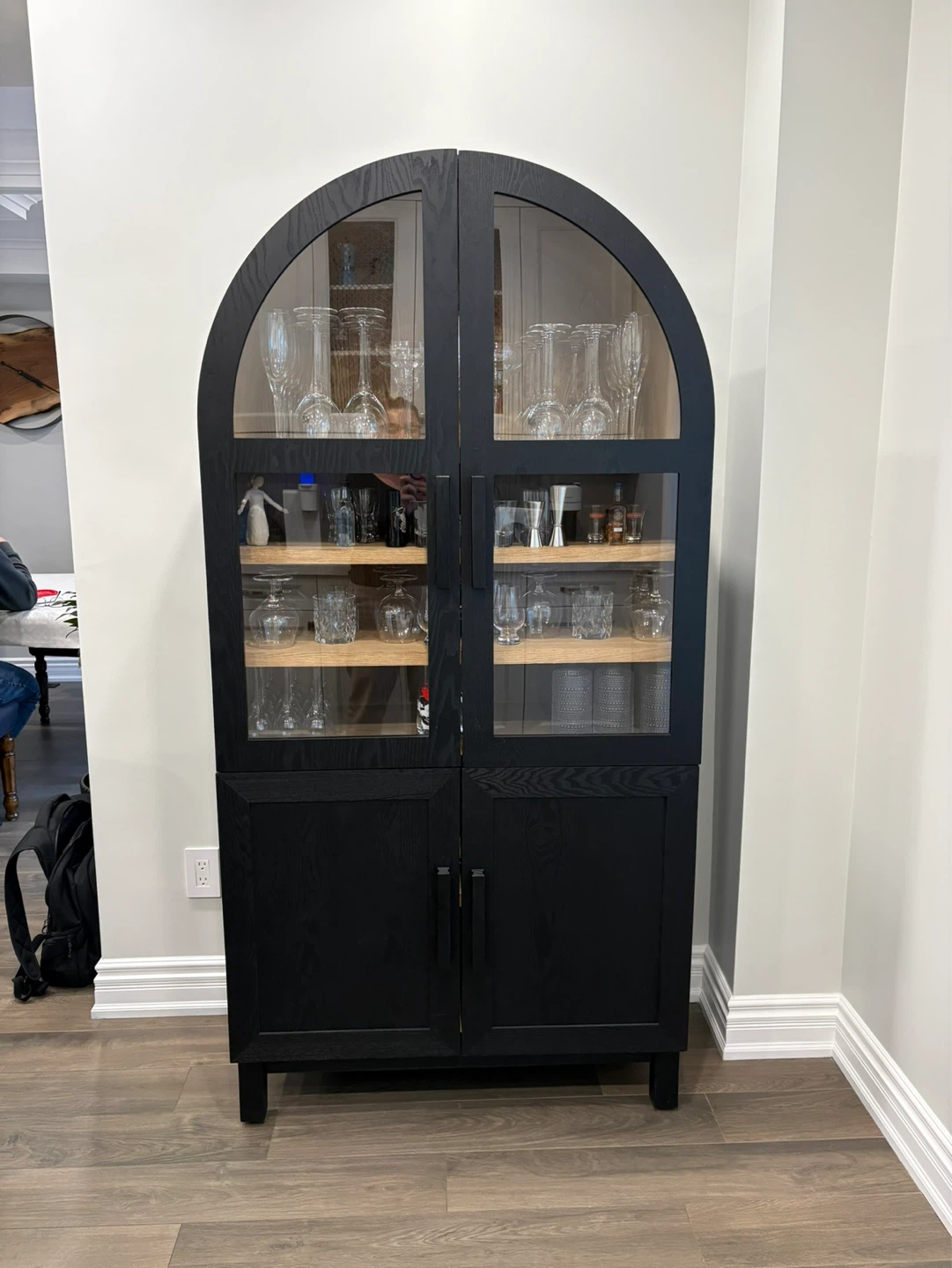 Black Arch Cabinet with Glass Doors and Wooden Shelves - photo 3