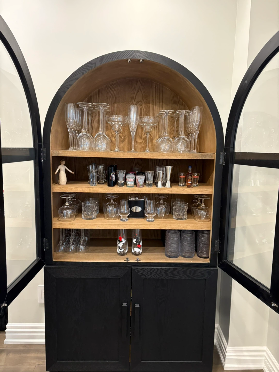 Black Arch Cabinet with Glass Doors and Wooden Shelves - photo 5