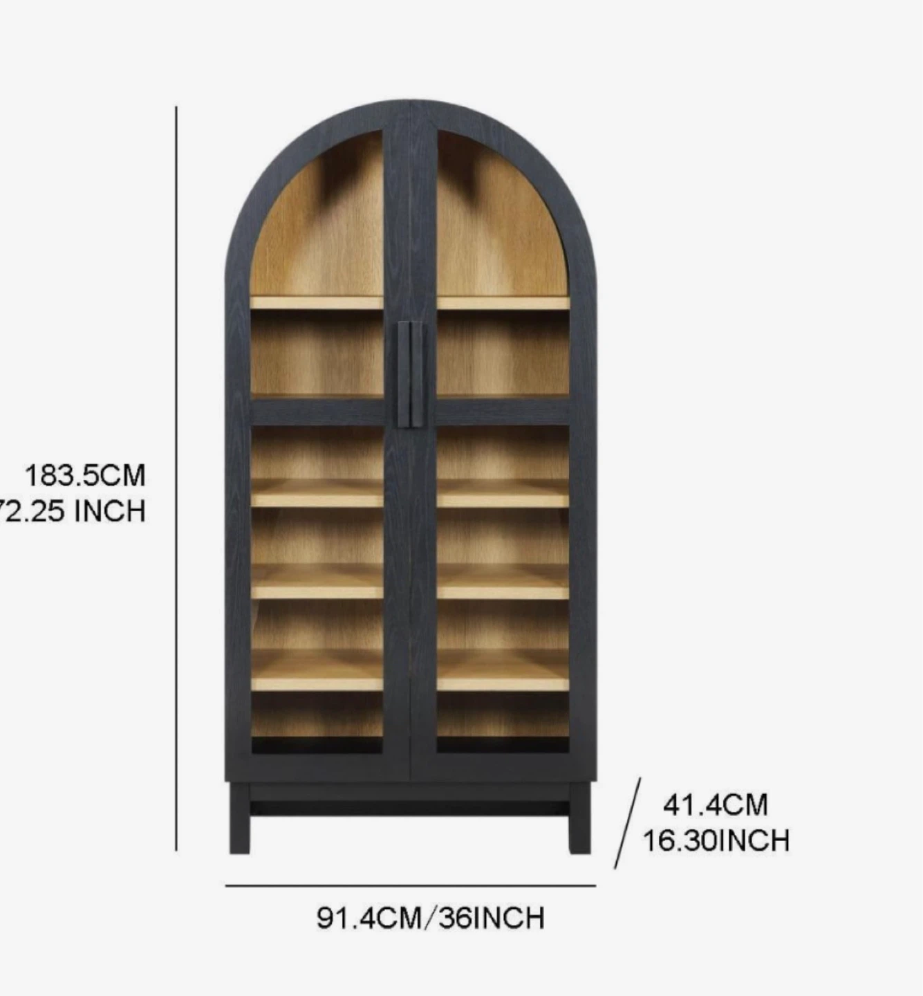 Black Arch Cabinet with Glass Doors and Wooden Shelves