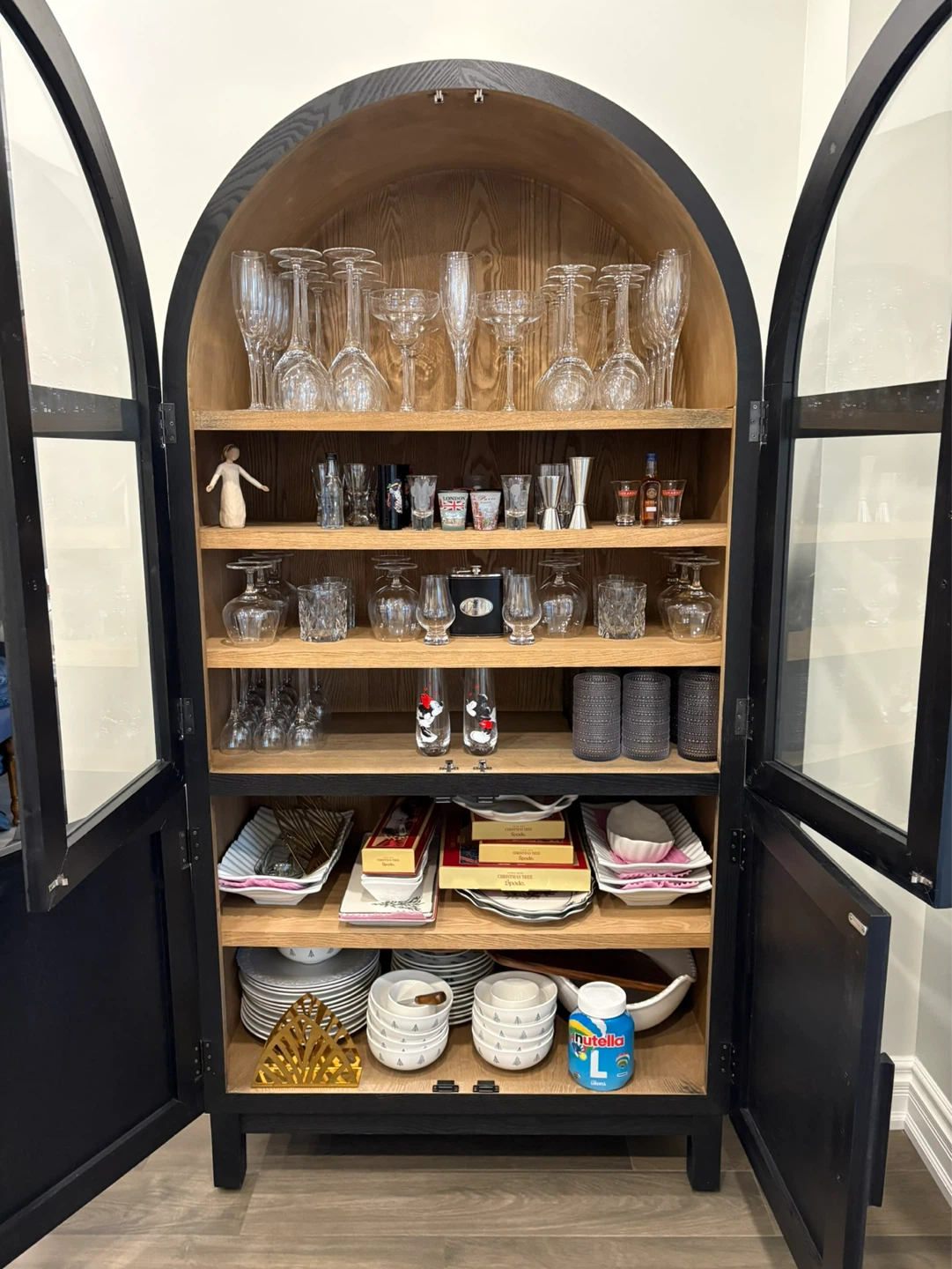 Black Arch Cabinet with Glass Doors and Wooden Shelves - photo 4