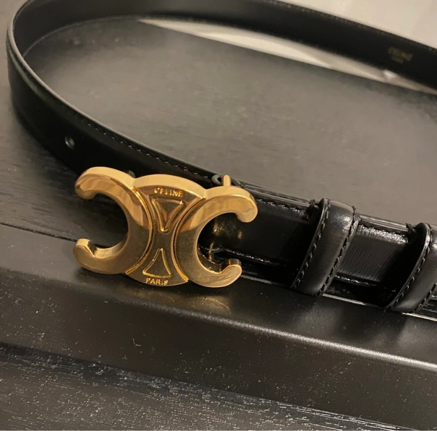 Celine Black Leather Belt with Gold Triomphe Buckle
