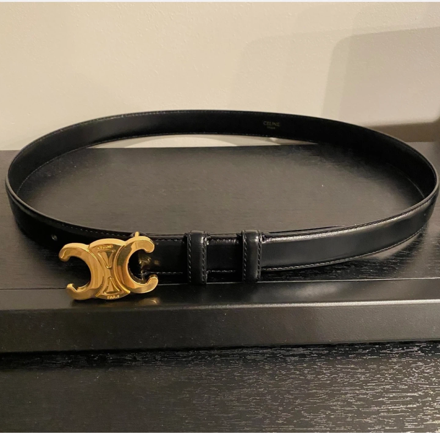 Celine Black Leather Belt with Gold Triomphe Buckle - photo 2