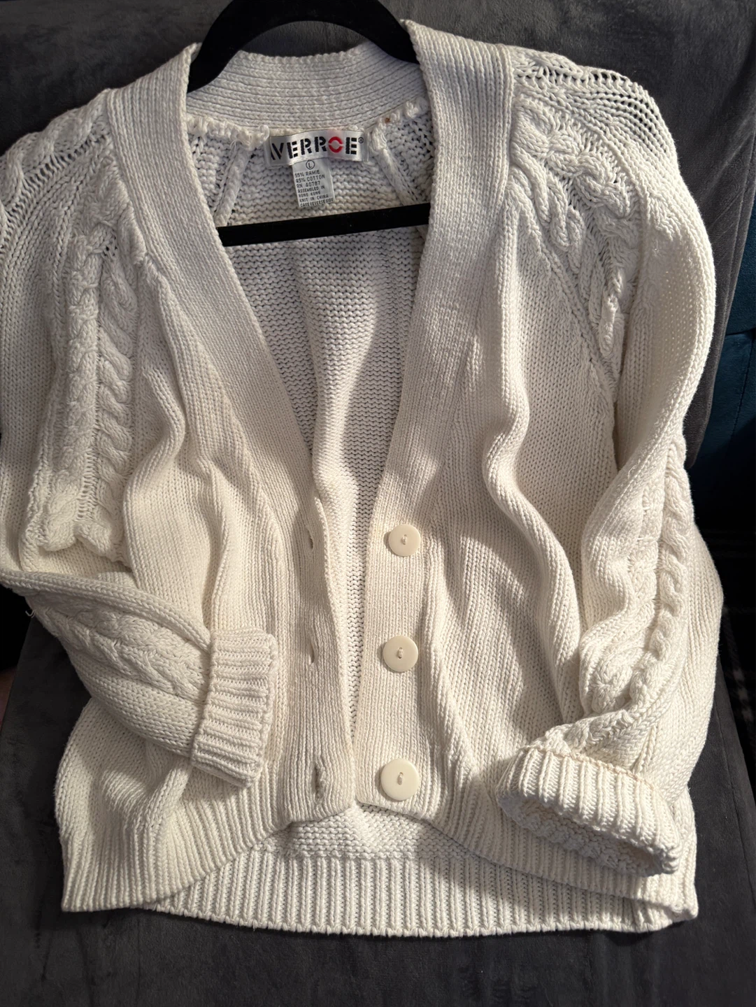 White V-Neck Cable Knit Cardigan