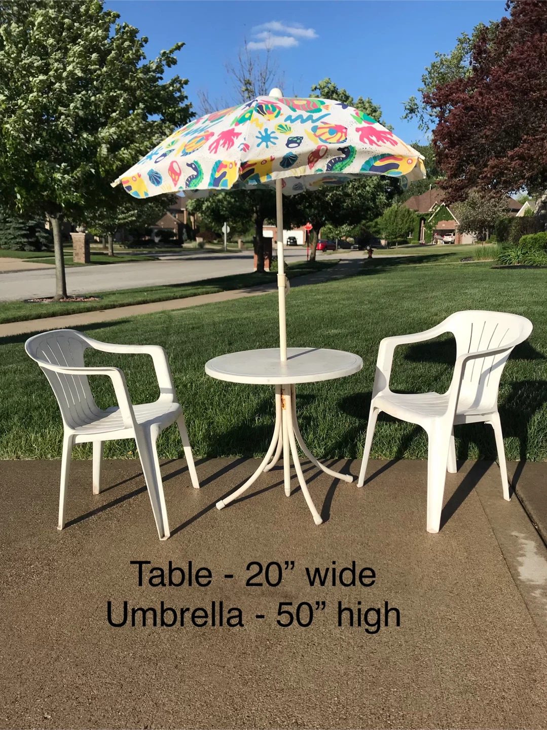 Children’s White Patio Table, 2 Chairs, and Umbrella Set