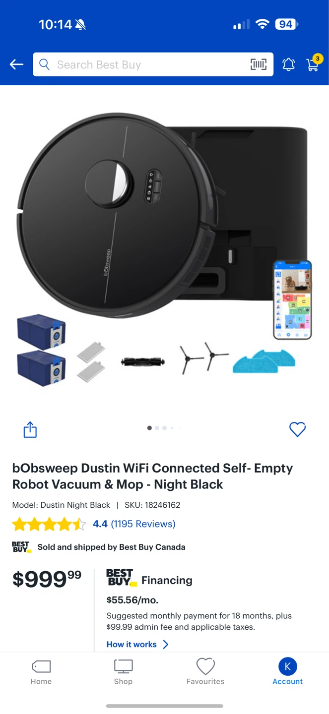 bObsweep Dustin WiFi Connected Robot Vacuum & Mop - Night Black