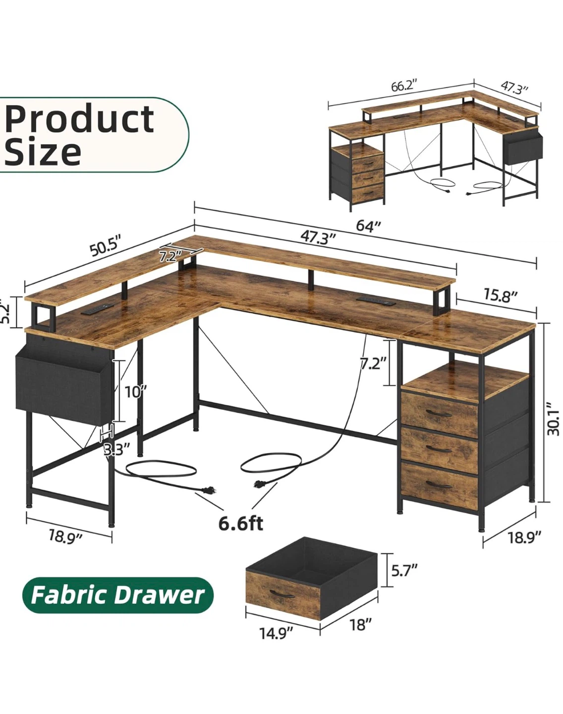 L-Shaped Computer Desk with Fabric Drawers and Monitor Shelf